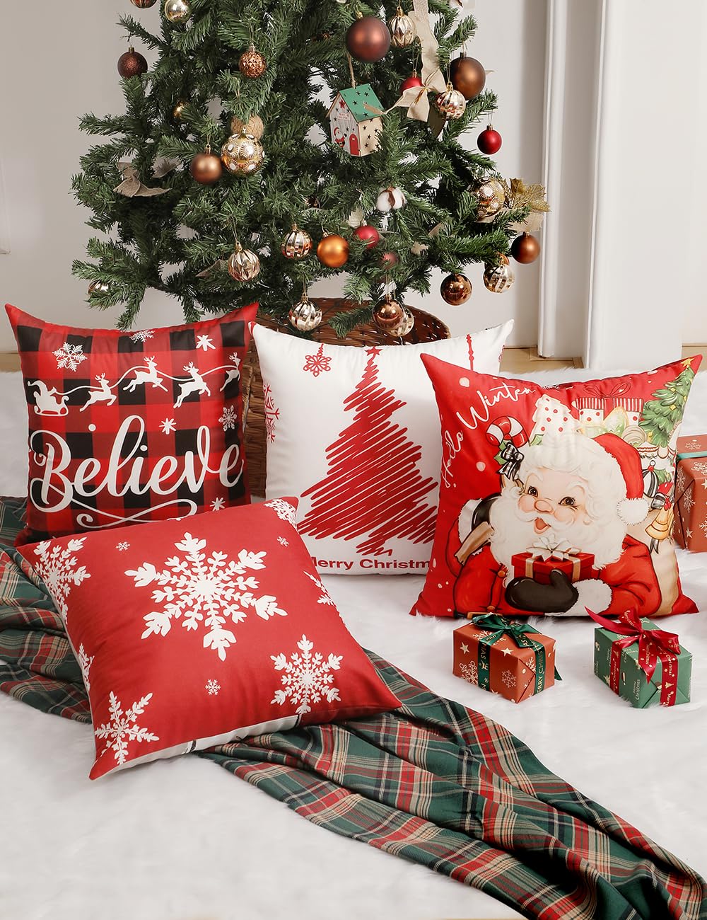 TOYPOPOR Christmas Decorations, Double Sided Throw Pillow Covers 18x18 Inches Set of 4, Christmas Tree, Snowflakes, Merry Christmas, Snowman Reindeer Cushion Case for Farmhouse Home Holiday Decor