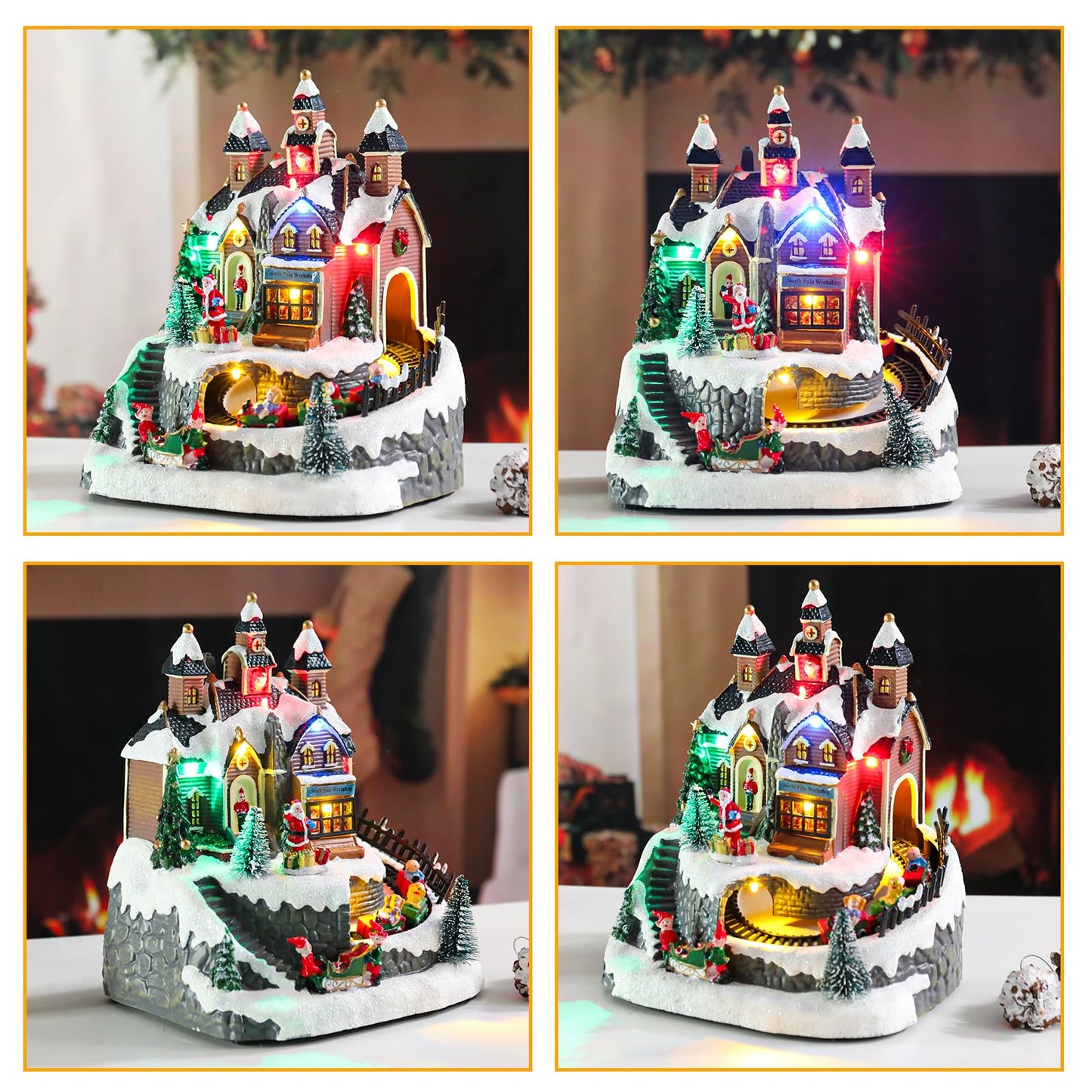 Vipush Christmas Village House Decorations Resin Little Train Home Decor Indoor Building Figurines Revolving Train with LED Light and 8 Christmas Music for Kids