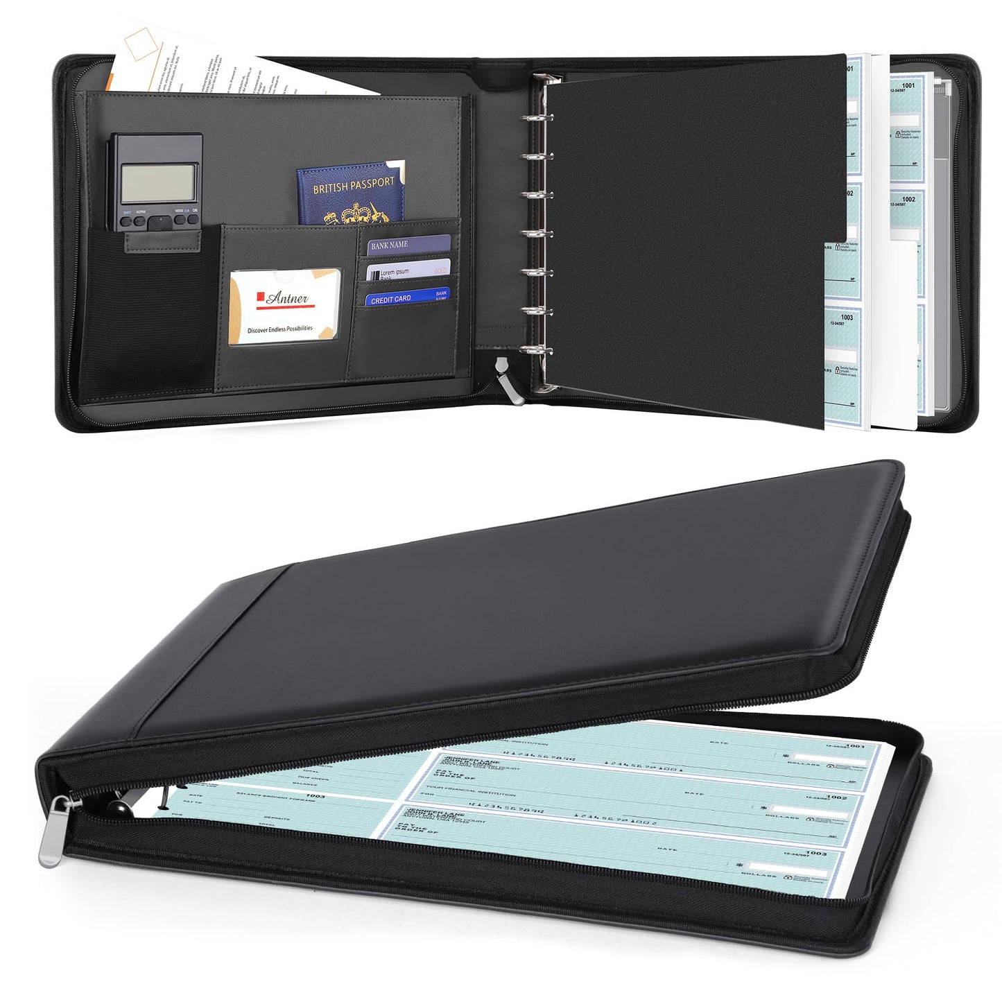 Antner Zippered 7 Ring Business Checkbook Binder Portfolio for 3-on-a-Page Business Checks, 600 Checks Capacity, PU Leather Check Book Binder Cover with Zipper Pouch & Dividers for 9x13 Sheets, Black