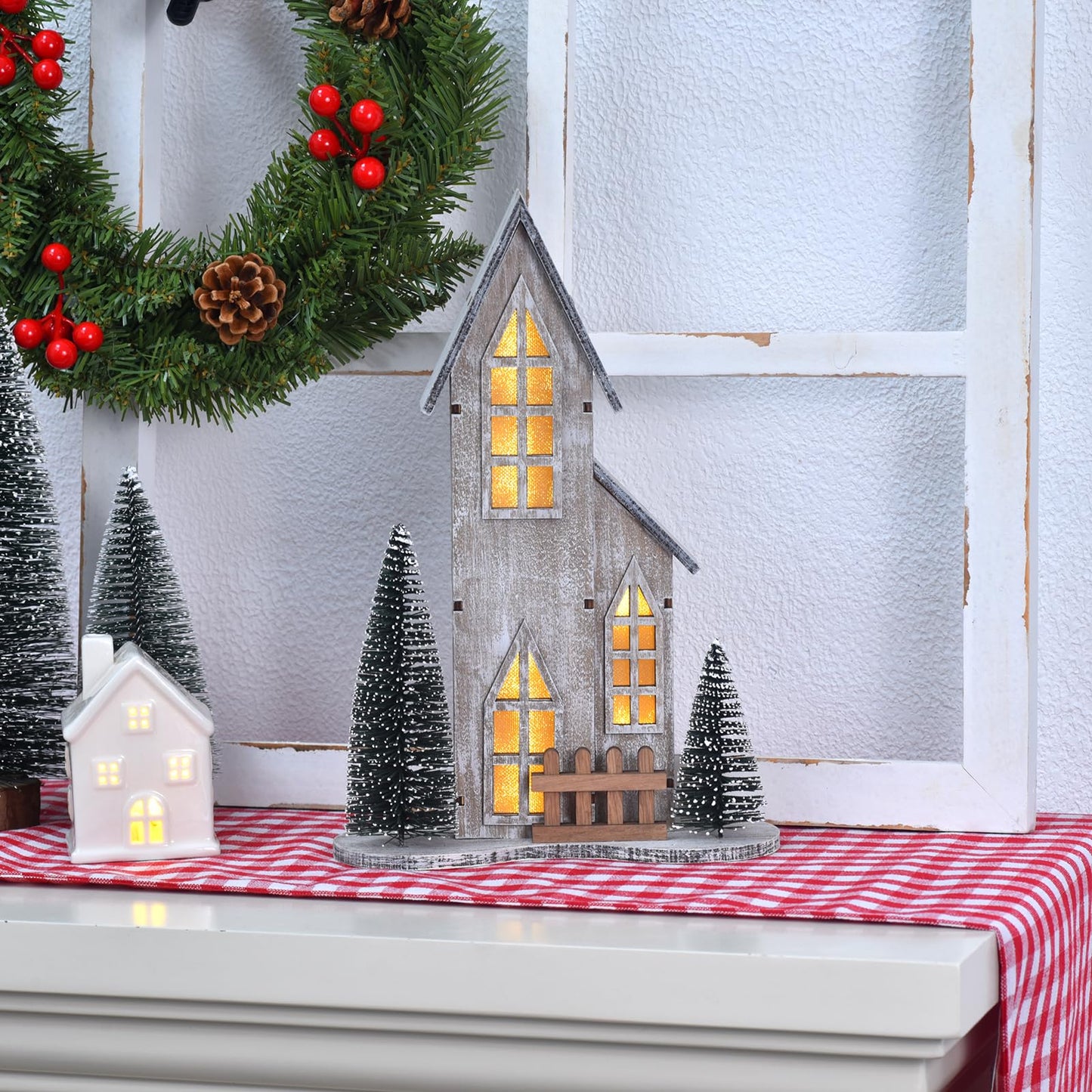 Wooden Christmas Village House with LED, Xmas Decor Indoor Tabletop Centerpiece with Tree, Lighted Christmas House Decor for Home Shelf Mantle, Winter Holiday Village Display (Style A)