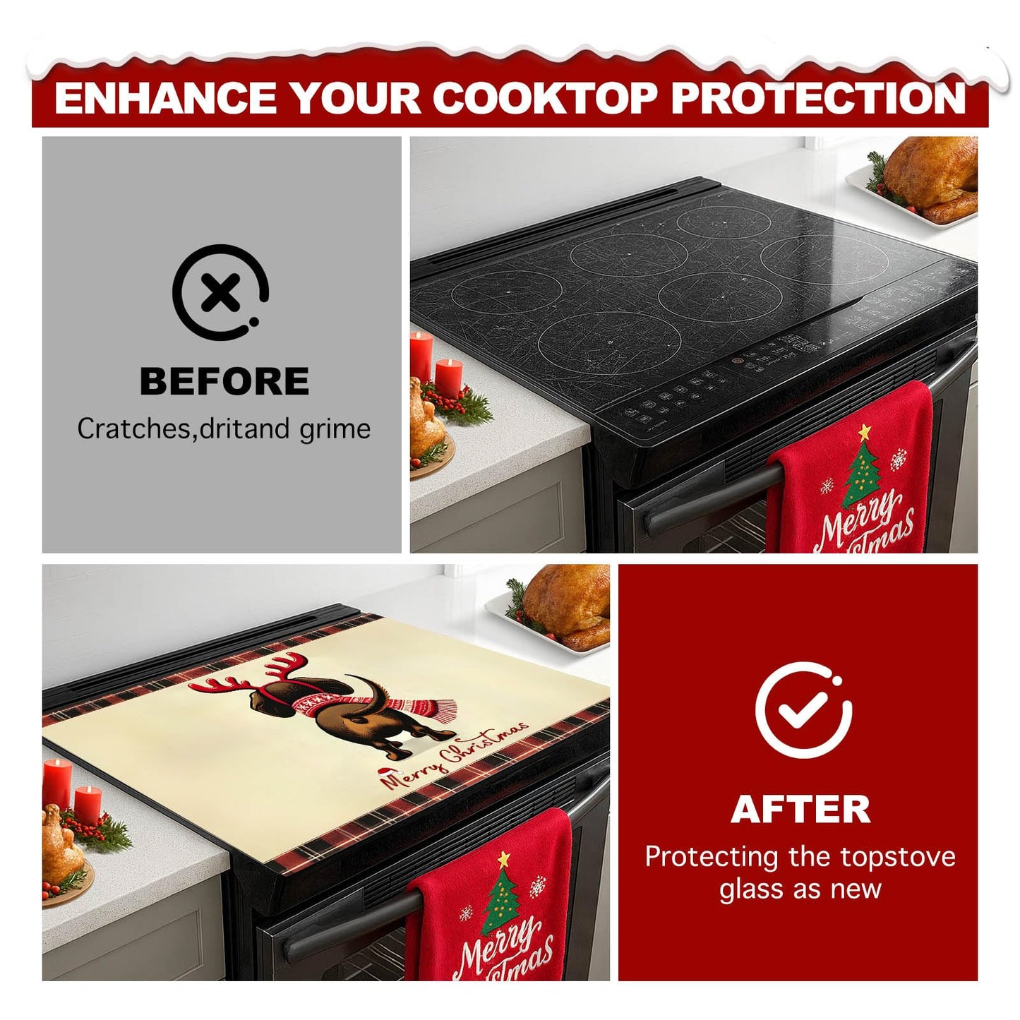 HOMETITUTE Stove Top Covers for Electric Glass Stove 28x20 Inch Christmas Dog Reindeer Design Heat Resistant Cooktop Protector Counter Cover Dish Drying Mat for Kitchen RV Camper