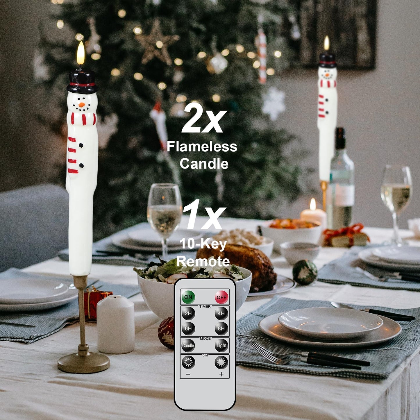 Lasumora Christmas Flameless Taper Candles with Remote Timer, 2 Pcs Hand-Painted Snowman Sculpture Shape LED Candlesticks with 3D Flickering Flame for Home Décor Christmas Gifts