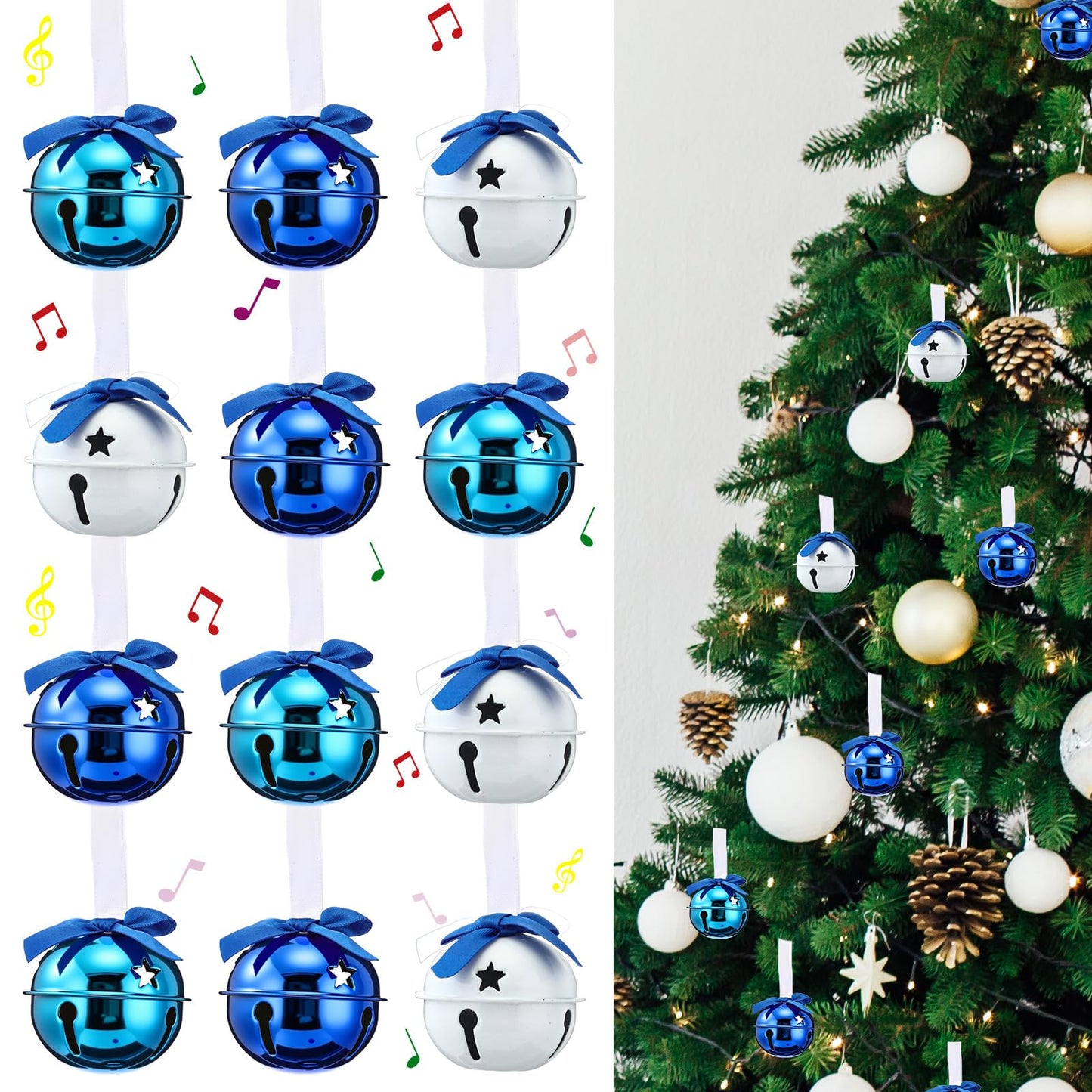 Jenaai 12 Sets Blue Christmas Jingle Bells with Ribbon 2 Inch Large Metal Cutout Craft Bells Blue Hanging Ornaments for Christmas Tree Xmas Decoration Crafts Party Favors Stocking Stuffers