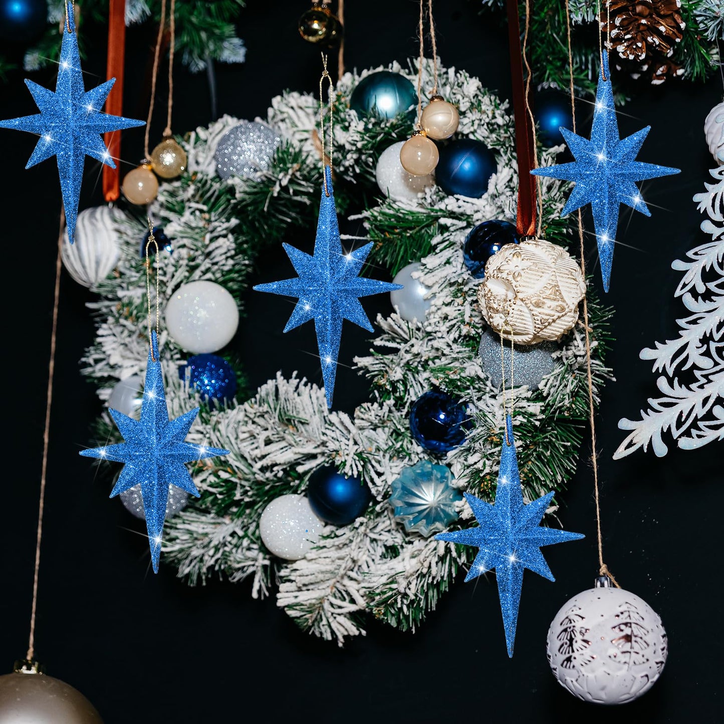 Quzzil 12 Pcs Christmas Bethlehem Star Blue Ornament 4.72 x 2.95 Inch Star of Bethlehem Christmas Tree Topper Glitter Ornament Plastic Nativity Stars Hanging Decor Accessories