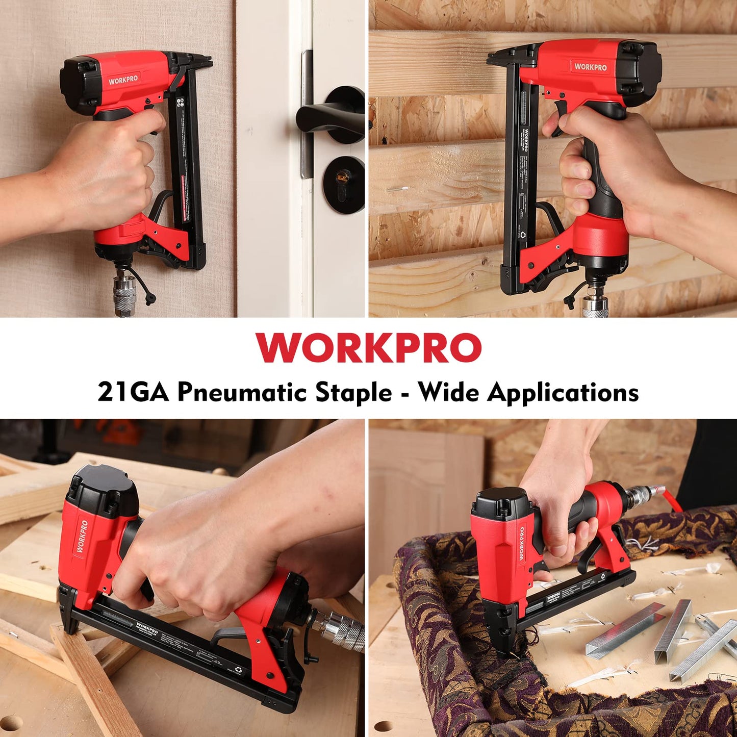 WORKPRO 7116 Pneumatic Staple Gun, 22 Gauge Upholstery Stapler with 1884pcs Staples 1/4" to 5/8", Air-Powered, Rear Exhaust, for Carpentry, Woodworking and DIY Projects