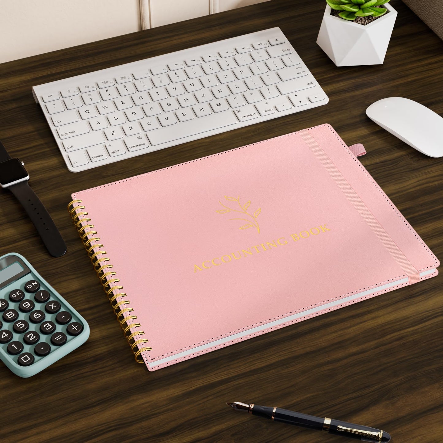 AKONEGE Accounting Ledger Book for Personal & Small Business Bookkeeping, Horizontal Income and Expense Tracker Notebook with Calendar, Hardcover Columnar Log Journal 10.78'' x 8'', Dusty Pink