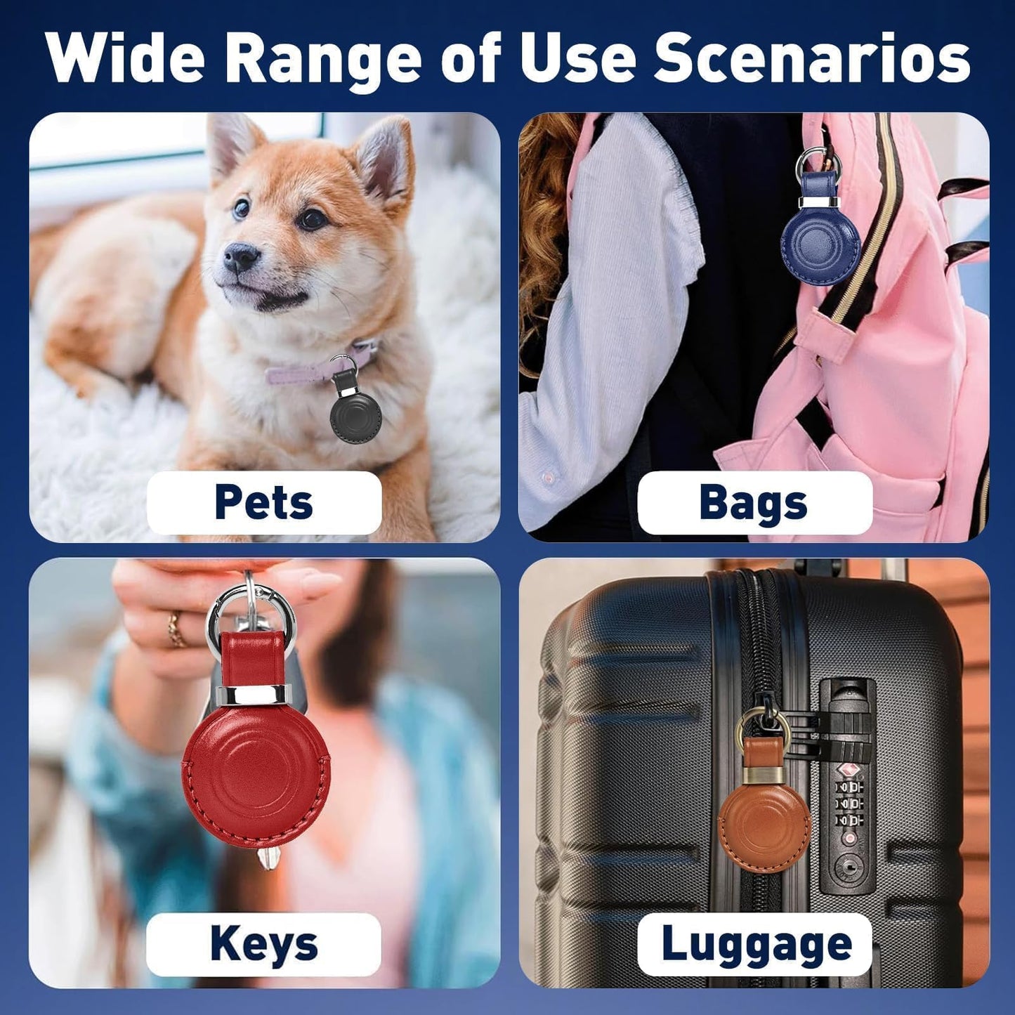 MOLOVA Leather Holder Keychain for AirTag 2nd Gen (2026) & 1st Gen, Compact Design with Air tag Case, Secure Protective Cover with Ring Car Keys Chain Fob Accessories, Black/Dark Blue/Red/Vintage