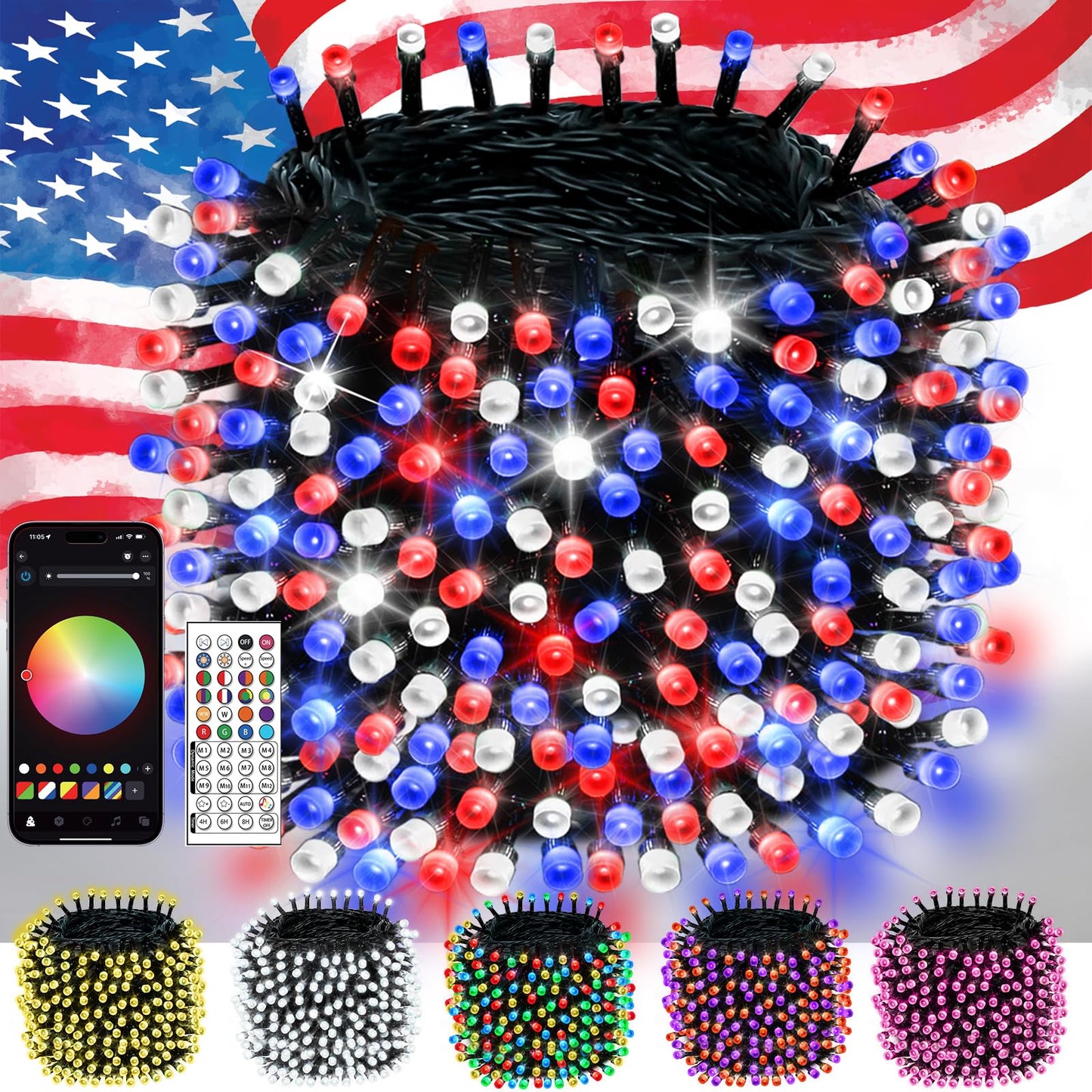 600LED Smart 4th of July String Lights | 206FT App Controlled Red White and Blue American Flag Lights, Waterproof Patriotic RGB Color Changing String Lights with Remote & Timer Outdoor for Memory Day
