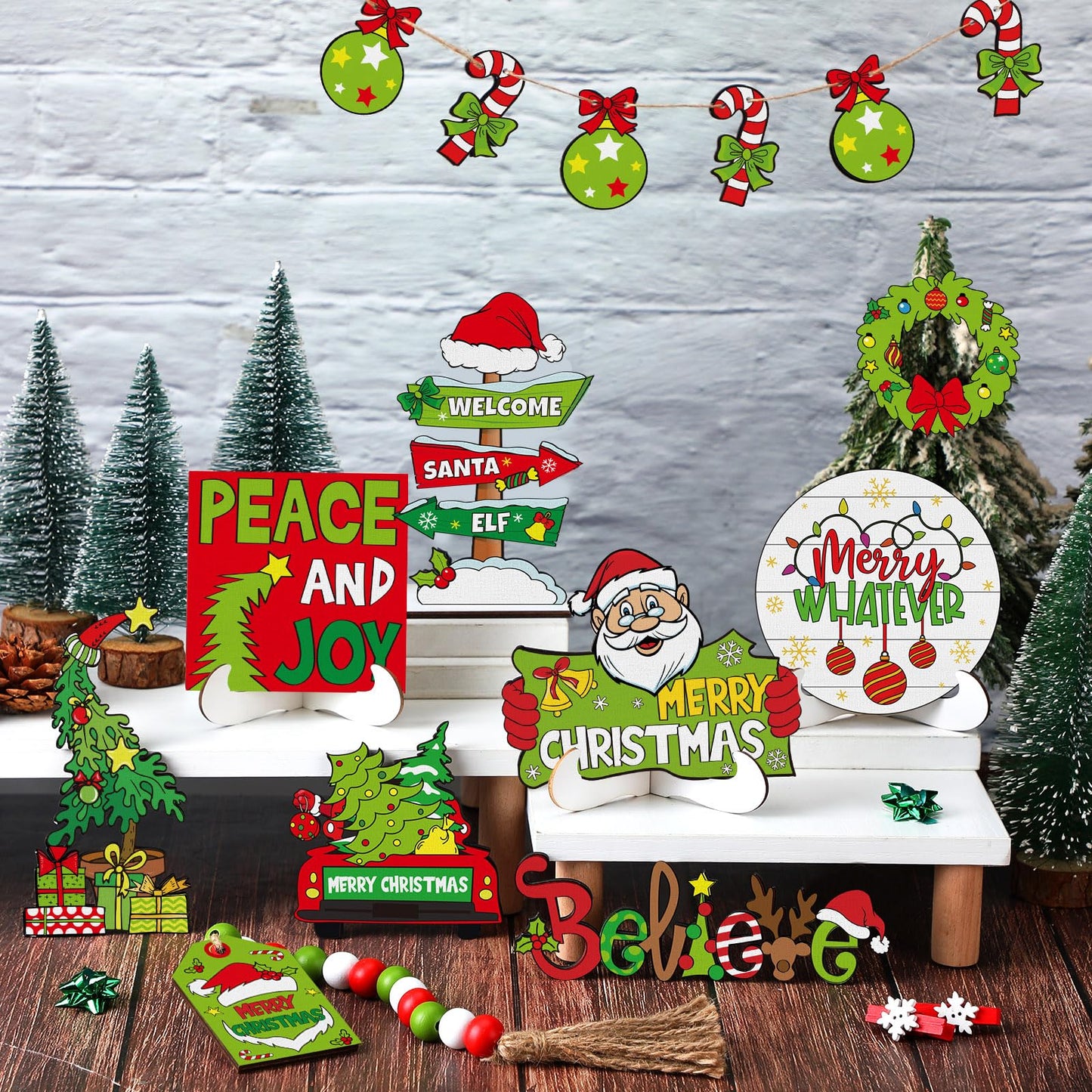 GlikCeil 19 Pcs Christmas Tiered Tray Decor Set Lime Green Red Tray Decorations Merry Christmas Decor Items Santa Candy Wooden Sign Xmas Table Centerpieces Decorations for Home Shelf Party