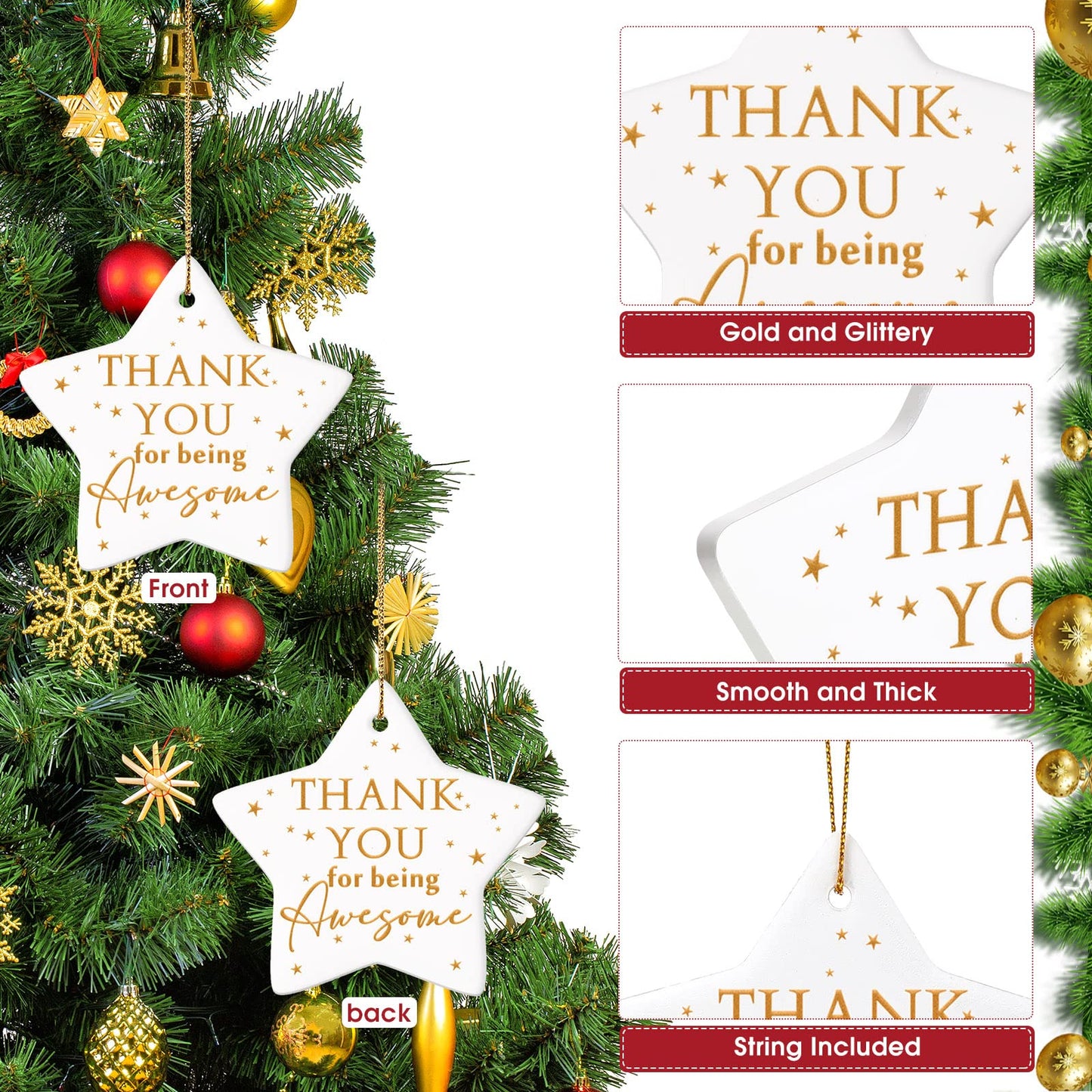 Sieral 6 Pcs Thank You Ornaments Bulk Christmas Office Gifts for Coworker Employee Star Ceramic Double Sided Thank You for Being Awesome Xmas Decor Inspirational Gift Teacher Nurse Team Customers
