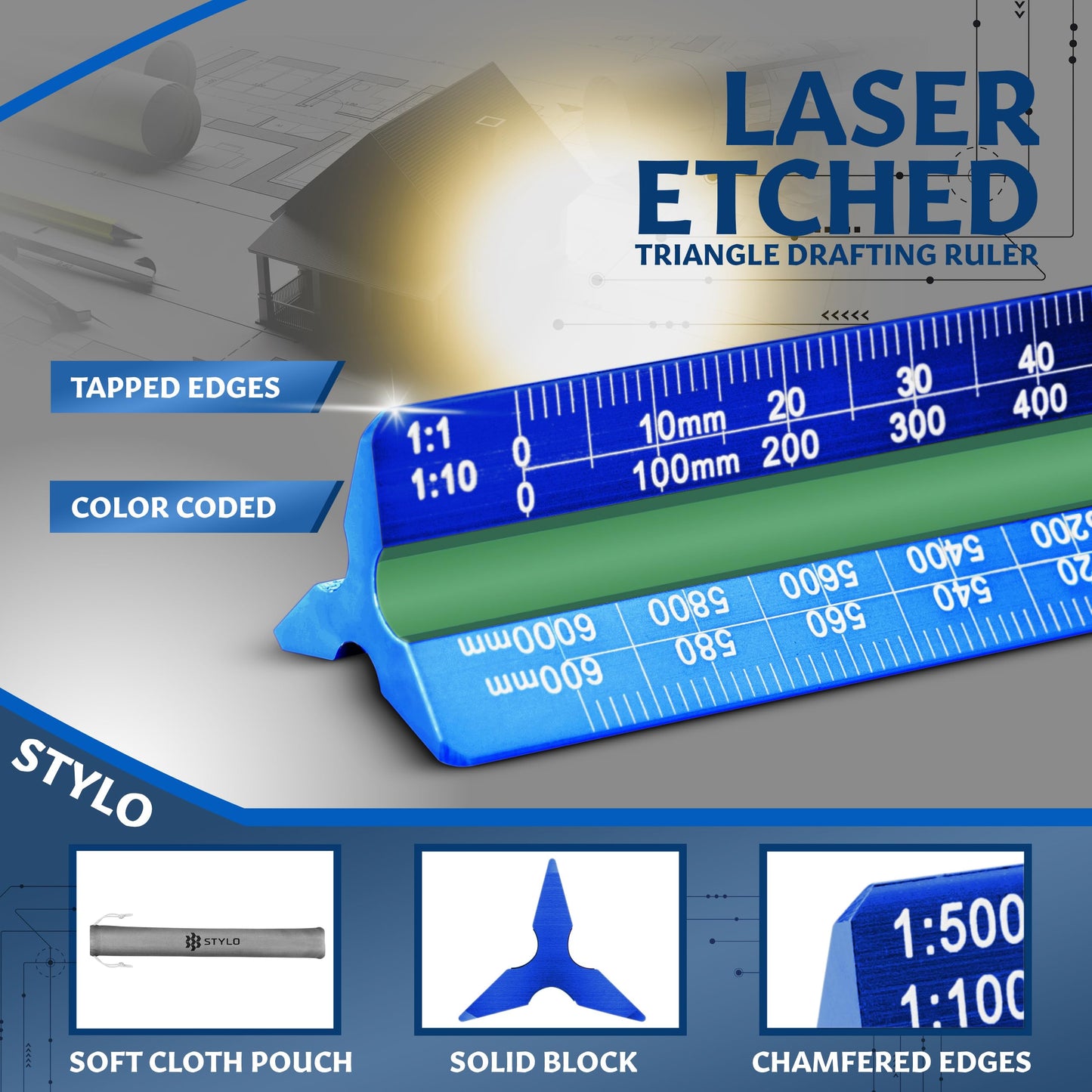 Stylo 12" Aluminum Architect Scale Ruler Laser Etched Triangle Drafting Ruler, Color Coded Grooves for Blueprint, Drafting and Drawing, Architectural Scale Ruler for Blueprints (Blue, Metric Units)