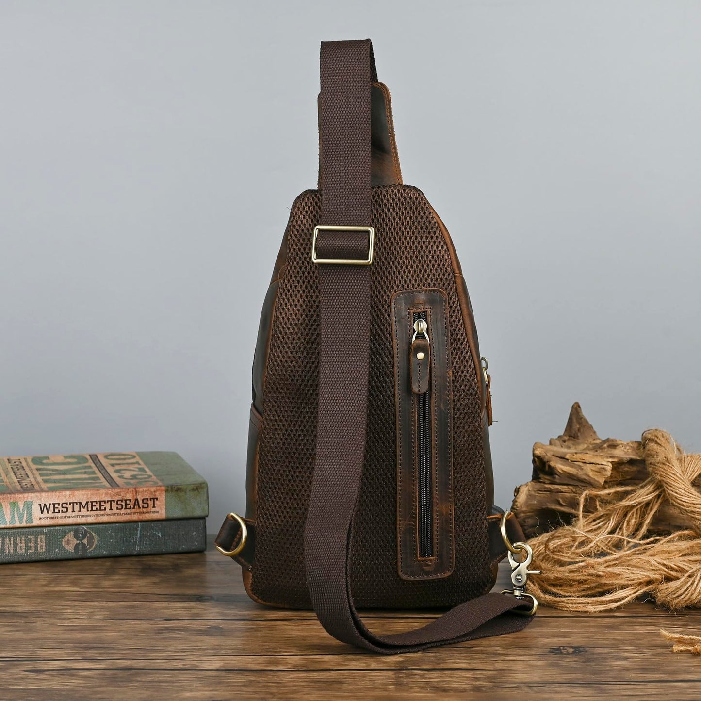 Handadsume Thick Crazy horse Leather Triangle Crossbody Sling Chest Bag Travel One Shoulder Bag Daypack For Men Male 3028 (8066 brown)