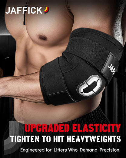 Jaffick Weightlifting Elbow Brace (1 Pair) - Elbow Sleeve with Dual Adjustable Compression Straps for Bench Press, Powerlifting, Pressing, Men & Women(Black, M)