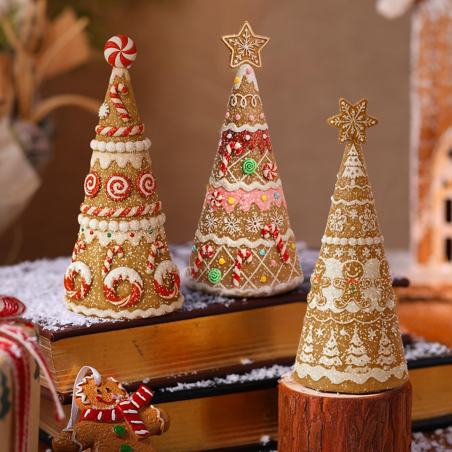 Simgoing 3 Pack Gingerbread Christmas Tree Figurines Christmas Tabletop Decorations Resin Gingerbread Cone Tree Decor Figurines for Xmas Home Centerpieces Tiered Tray Ornament Gifts