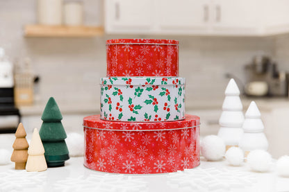 Steel Mill & Co Tin Containers with Lids, 3 Pack Christmas Cookie Tins, Festive Cookie Tins for Gift Giving & Holiday Treats, Round Metal Nesting Containers, Large Medium Small, Snowflake & Holly