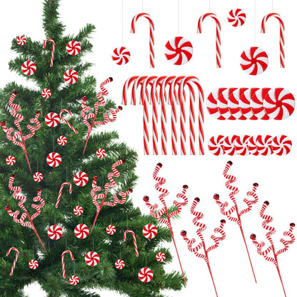 Yunlly 52 Pcs Christmas Candy Canes Ornament Gift Woolen Bells Curly Pick Fake Candy Hanging Ornament with Crystal Wire Christmas Tree Picks for Xmas Home Tree Decor