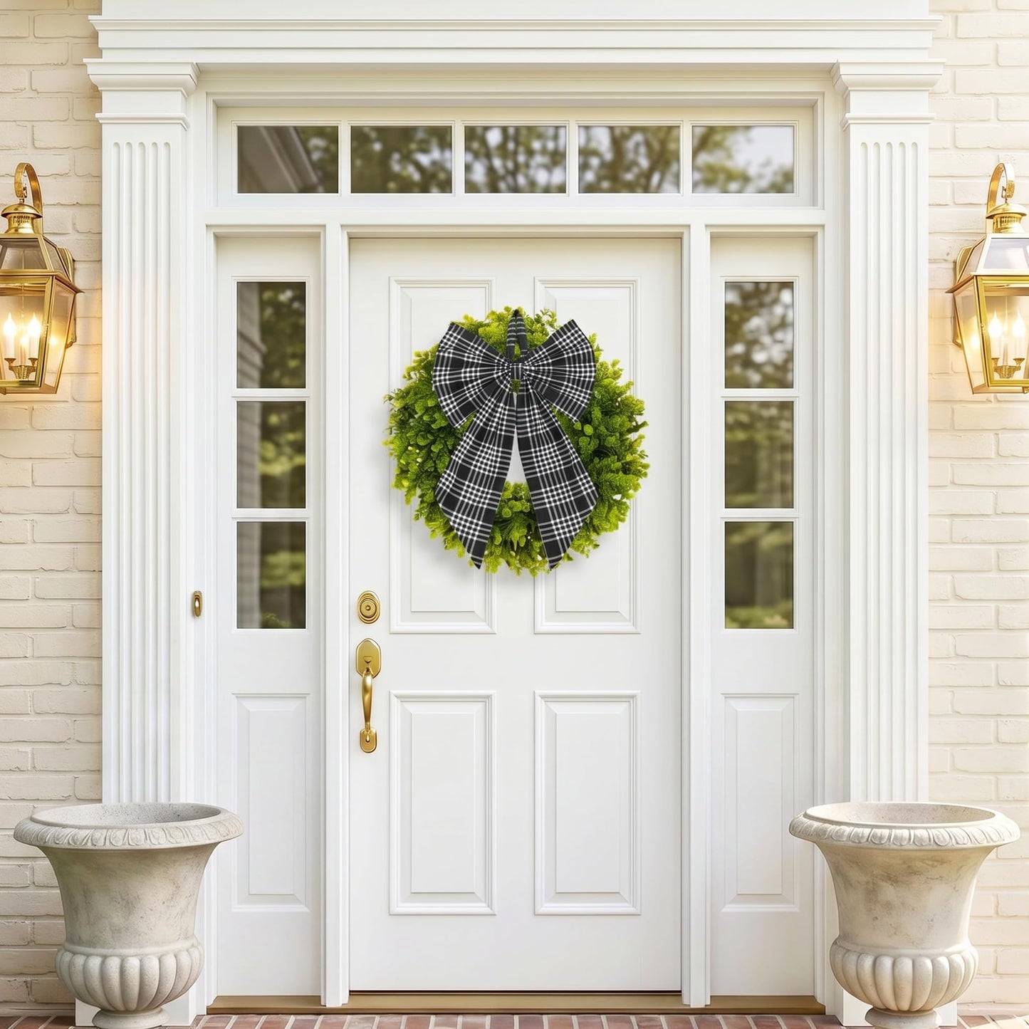 2 Pcs Funny Cat Front Door Mat and Wreath Set Cute Black Cat Faux Coir Doormat and 19" Artificial Greenery Wreath with Plaid Bow Welcome Outside Decor for Porch Entryway