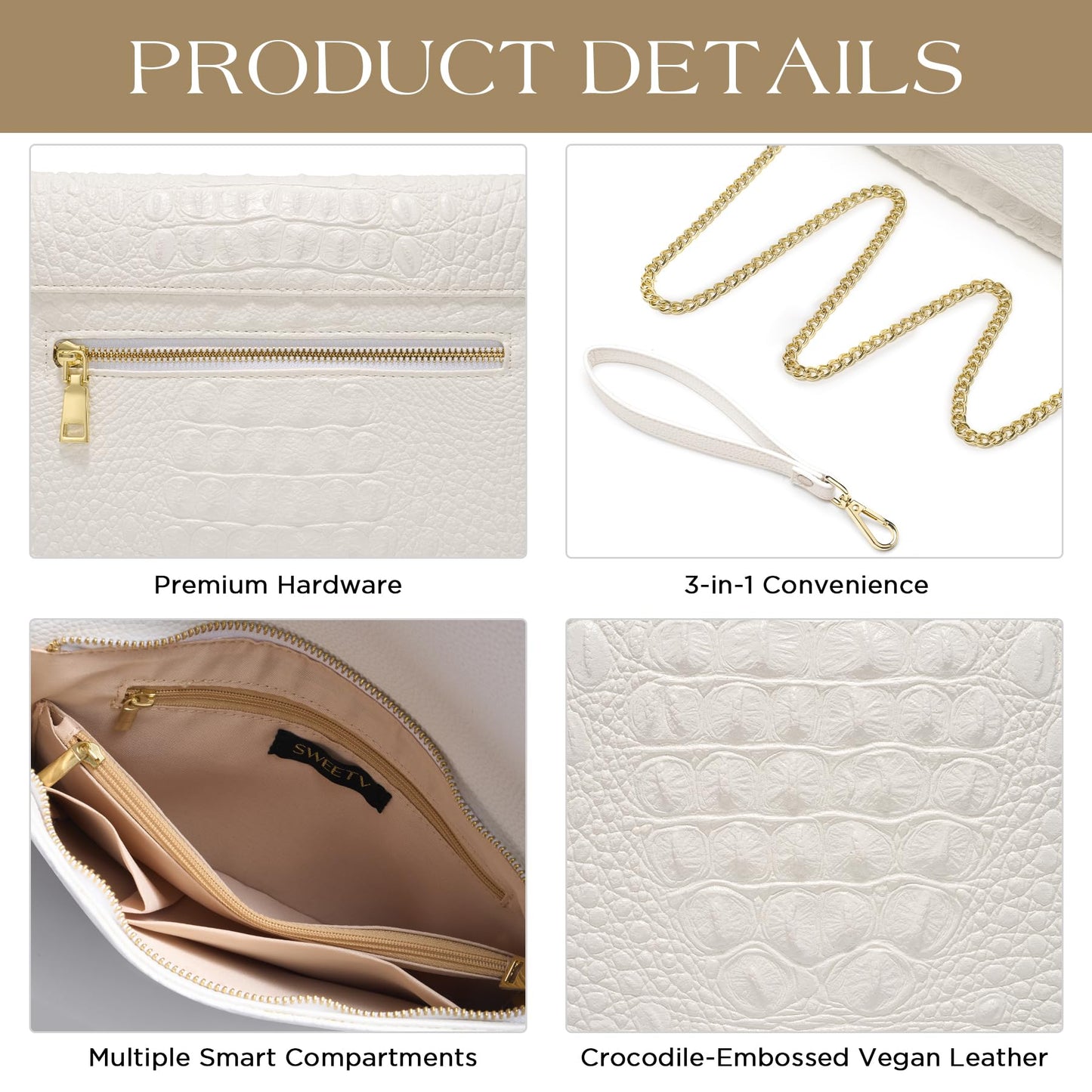 SWEETV CHUNLI Evening Clutch Purses for Women Elegant Wristlet Wallets Crocodile Pattern PU Leather Purse Formal/Wedding