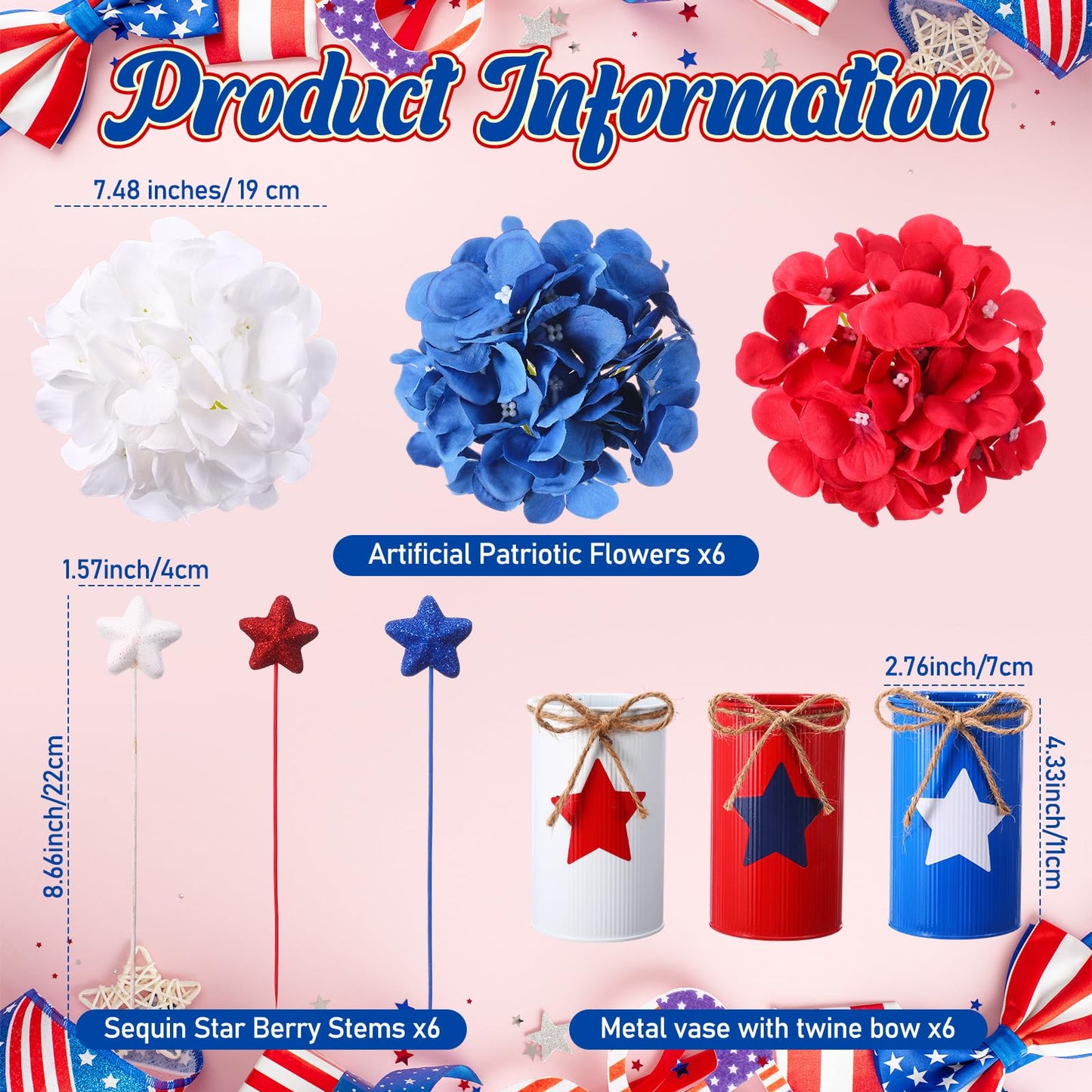 SiliFine 6 Sets 4th of July Decoration Patriotic Centerpiece for Table Include 6 Silk Artificial Hydrangeas Flower 6 Red Blue White Star Glitter Berry Pick 6 Metal Vase for 250th Anniversary Party