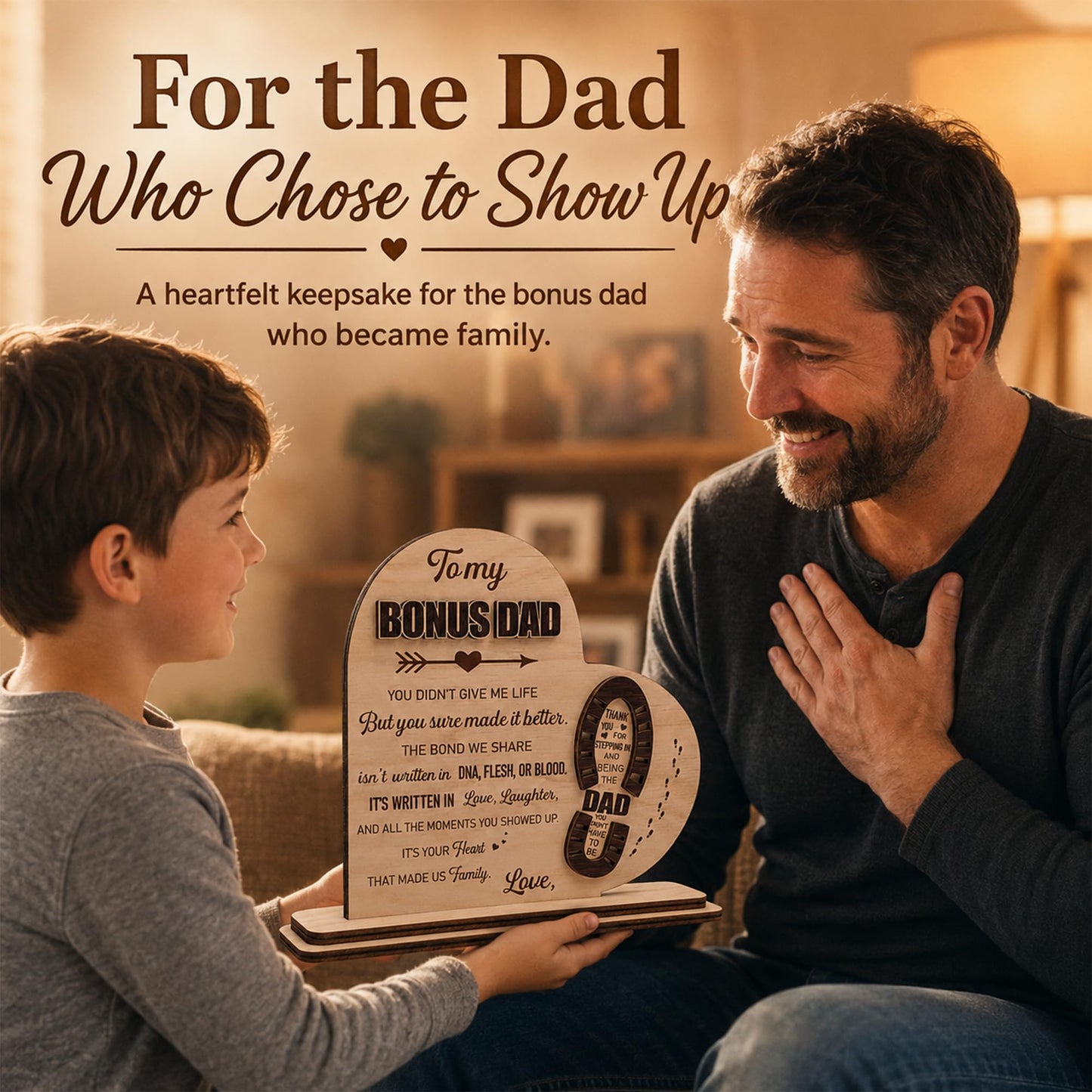 Stepdad Gifts from Stepdaughter Stepson for Fathers Day, Gifts for Step Father Bonus Dad Birthday Christmas Father's Day, Bonus Dad Gift, Stepped up Dad Plaque, To My Bonus Dad Wooden Plaque Sign Desk Decorative Home Decor