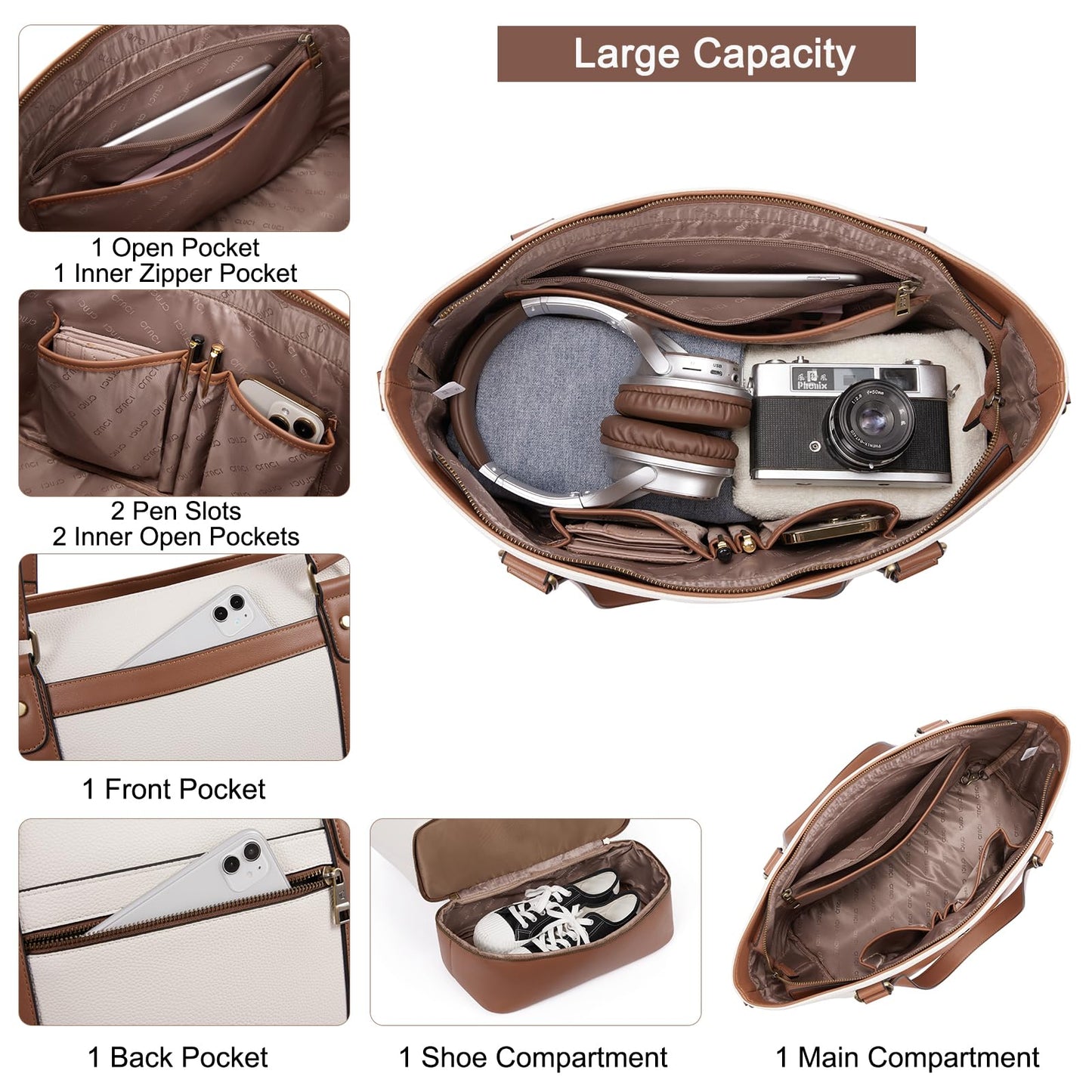 CLUCI Travel Leather Duffel Bag Weekender Bag for Women Carry on Overnight Bag Beige with Brown