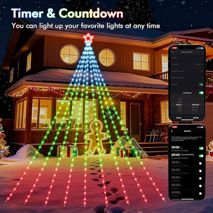 Outdoor Christmas Decorations, 16.4FT RGB Color Changing Christmas Hanging Waterfall String Lights with Star, APP Remote Control, DIY Multi-Color Lightshow, Music Sync, Xmas New Year Decor
