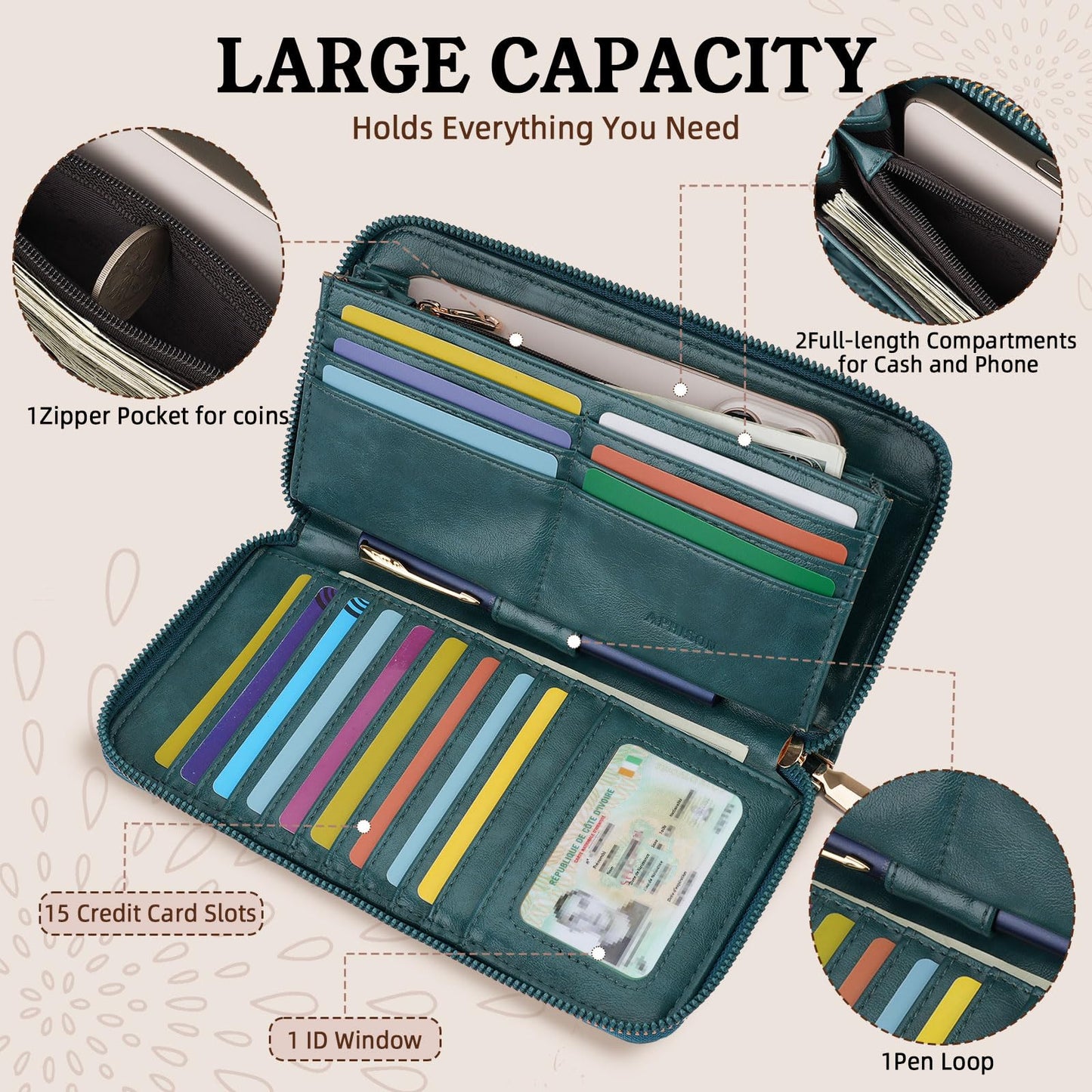 APHISON Wallet Women Large Capacity Clutch Purse For Ladies Card Holder RFID Wristlet Phone Zipper Coin Travel Pocket