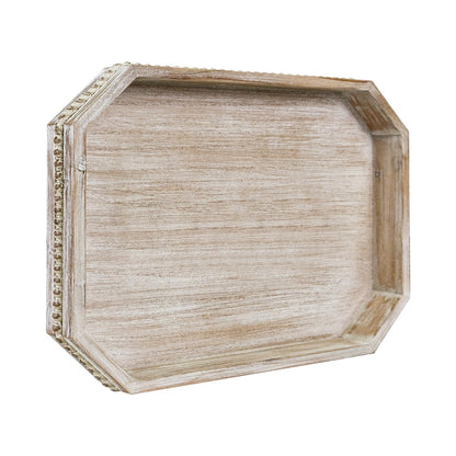 Wooden Decorative Tray, Rustic Serving Tray with Wood Bead, Farmhouse Big Tray for Ottoman, Countertop, Coffee Tabl, 16.5" x 13"x 1.6" (White Washed)