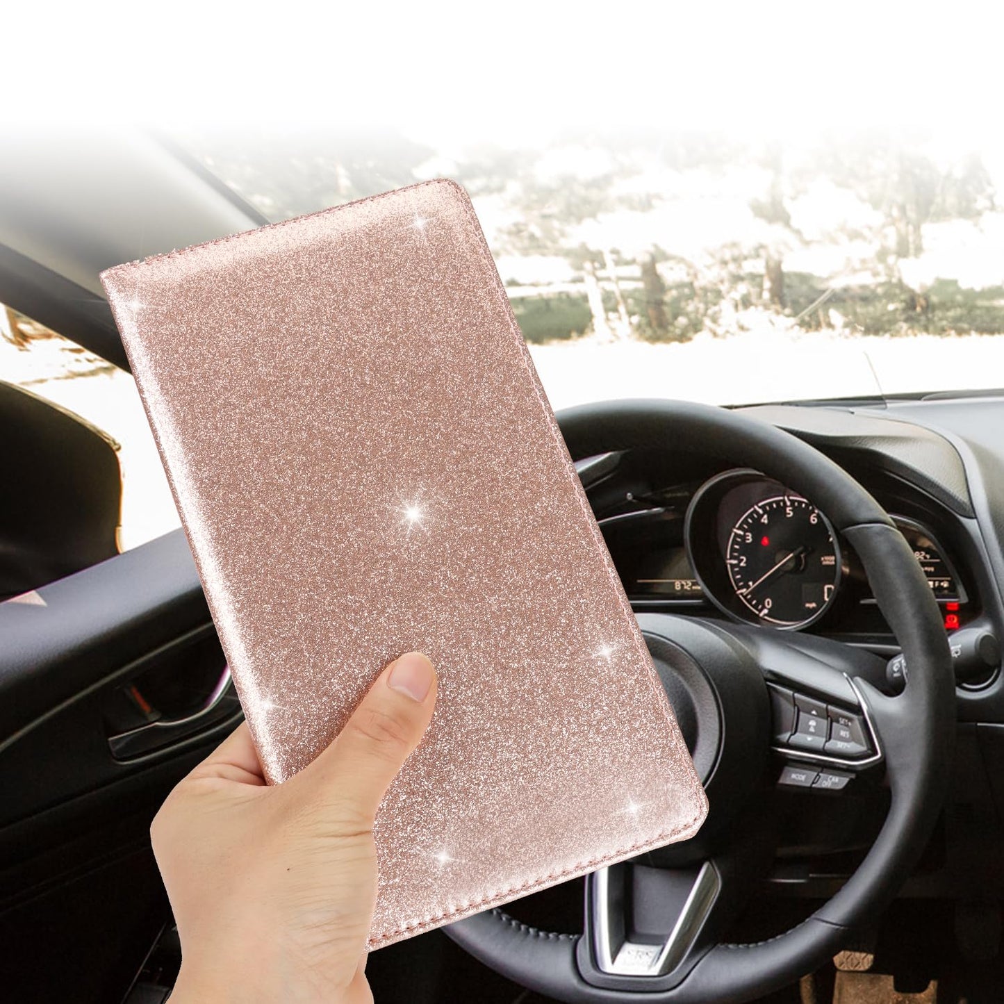 Cacturism Car Registration and Insurance Holder, Car Accessories Vehicle Glove Box Car Organizer Men Women Wallet Case with Magnetic Shut for Cards, Essential Document, Driver License, Bling Rose Gold