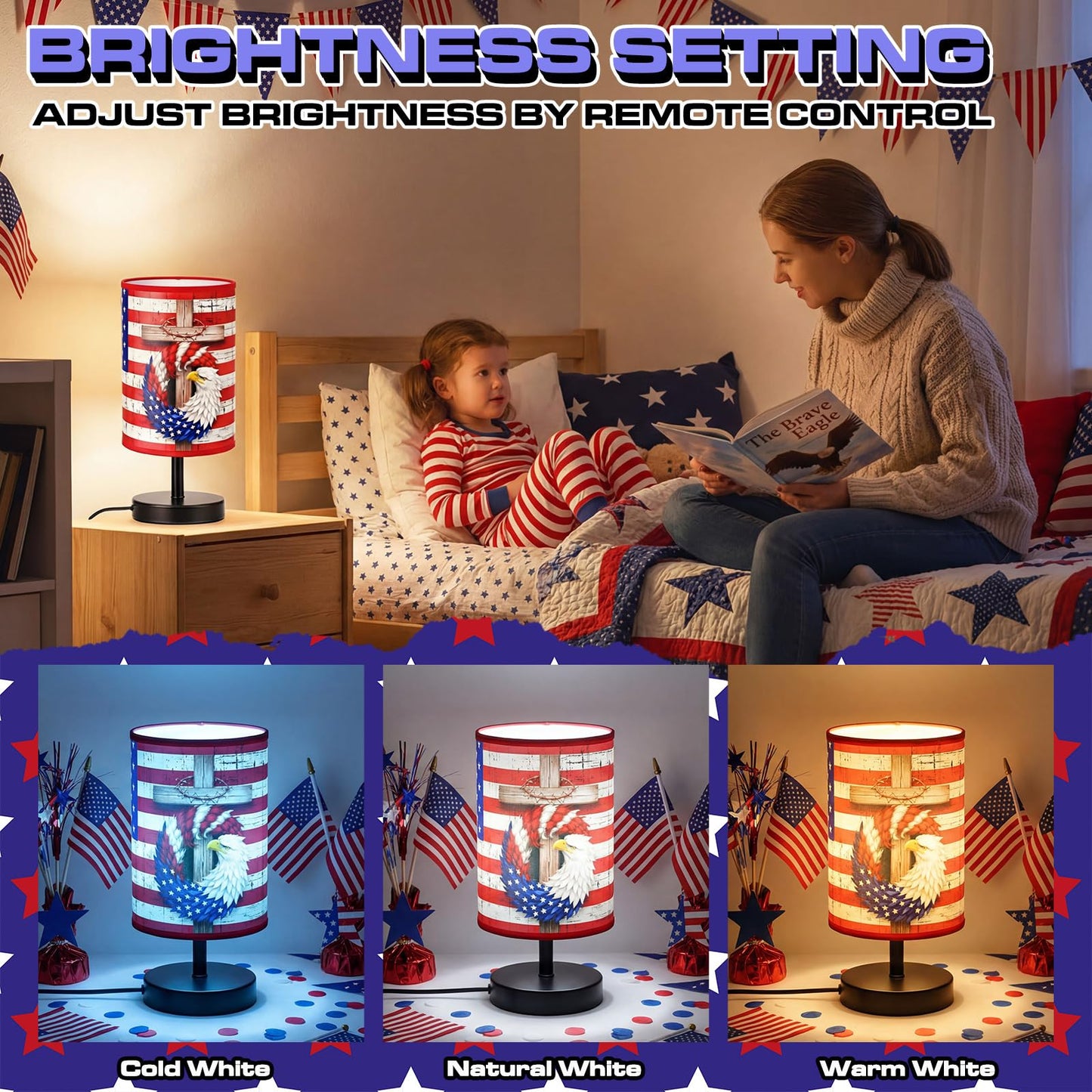 Glooglitter 4th of July Table Lamps 3 Colors Dimmable Lights 11.02 x 5.12 Inch Patriotic Bedroom Lamps Independence Day American Flag Bedside Night Light for Desk Memorial Day Birthday Gifts