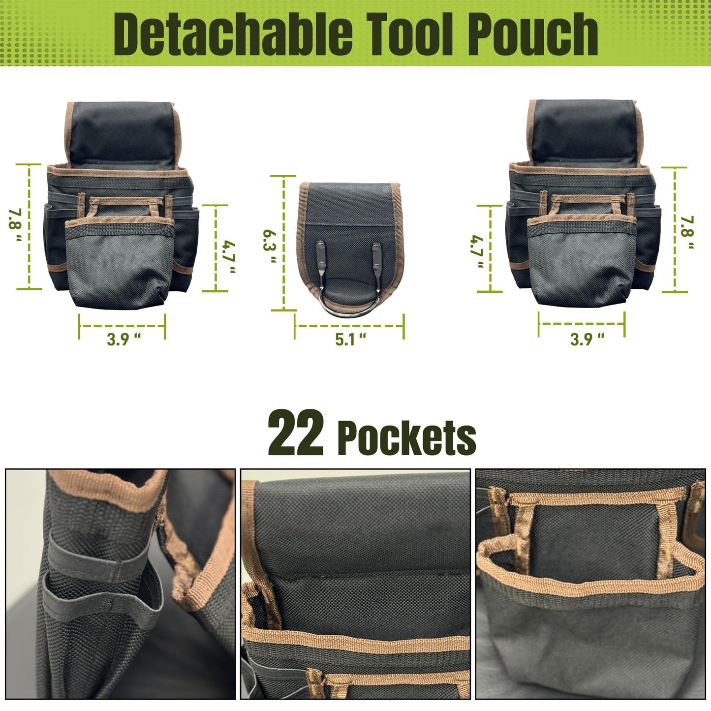 Tool Belt for Men, 32 to 66 Inches Adjustable Waist, Electrician and Carpenter Tool Belt with Suspenders for Construction and Gardening, Black and Brown, Oxford Fabric