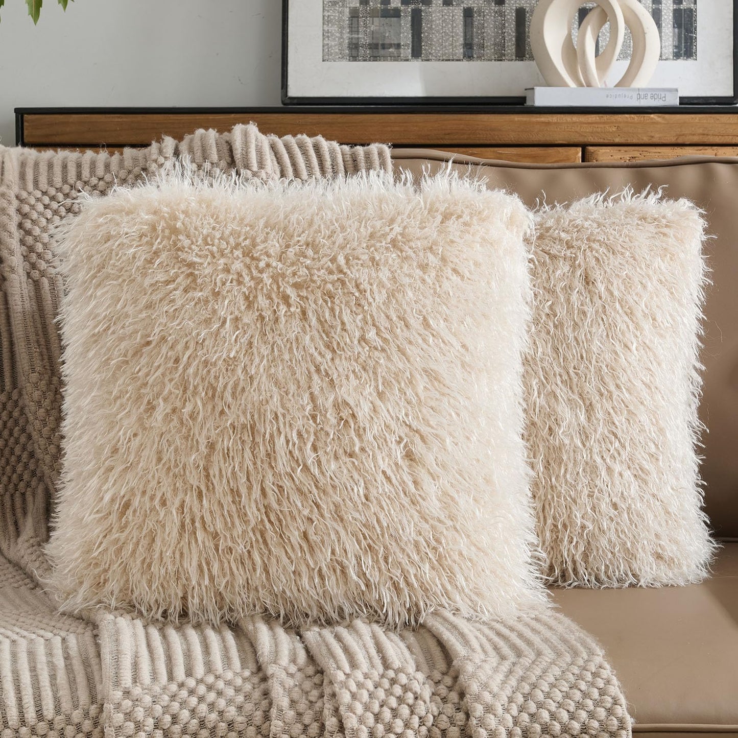 FUTEI Pack of 2 Shaggy Mongolian Faux Wool Throw Pillow Covers 18x18 Inch Soft Fluffy Farmhouse Decorative Cushion Case for Couch Bed Living Room, Beige