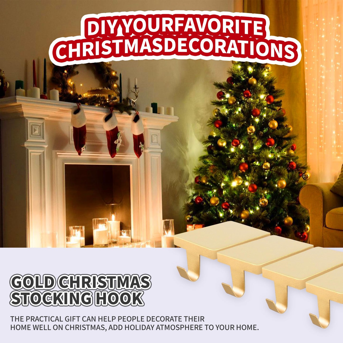 Anrgterg 4 Pcs Christmas Stocking Holders, Mantel Stocking Hangers Metal Hanging Hooks with Protective Pads for Xmas Holiday Counter Window Home Table Gold