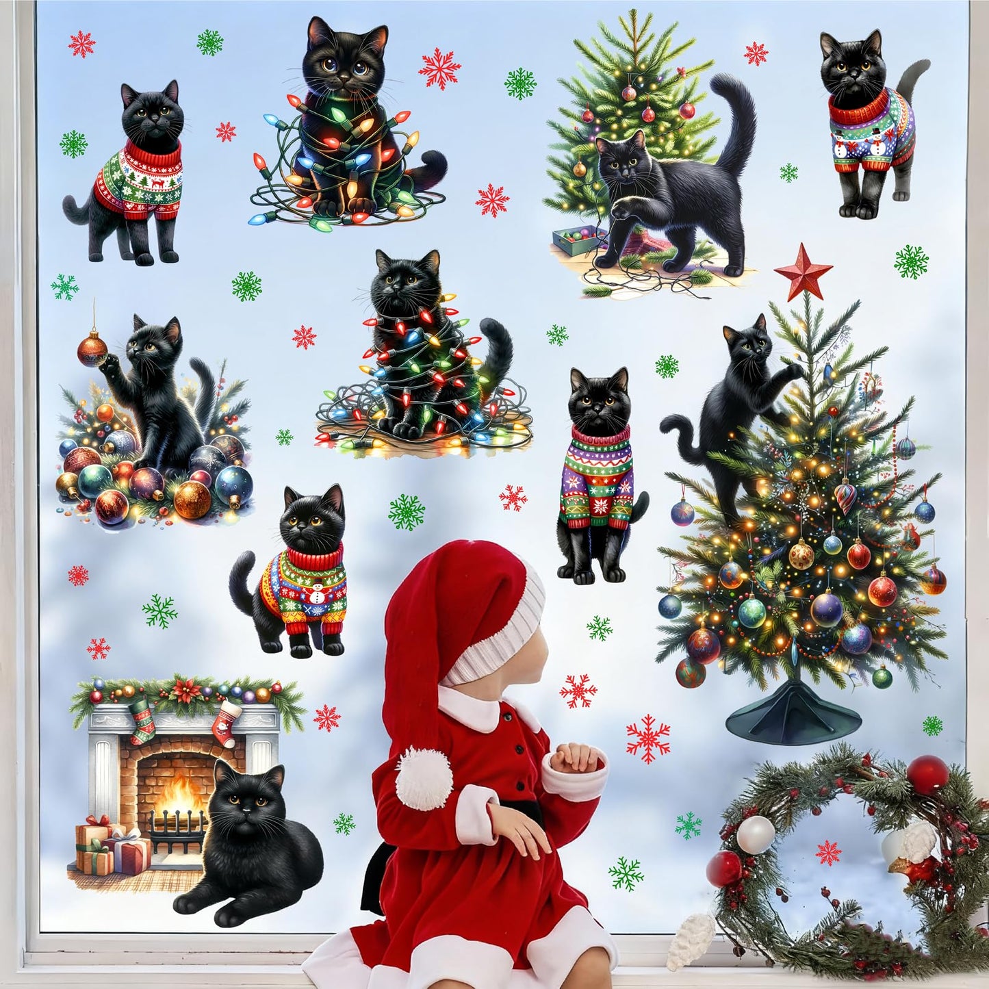 Christmas Decoration Window Clings Black Cat Window Sticker Indoor Removable Christmas Tree Static Decals Double-Sided Reusable Snowflake Vinyl Stickers for Home 2026 New Year Winter Holiday Supplies