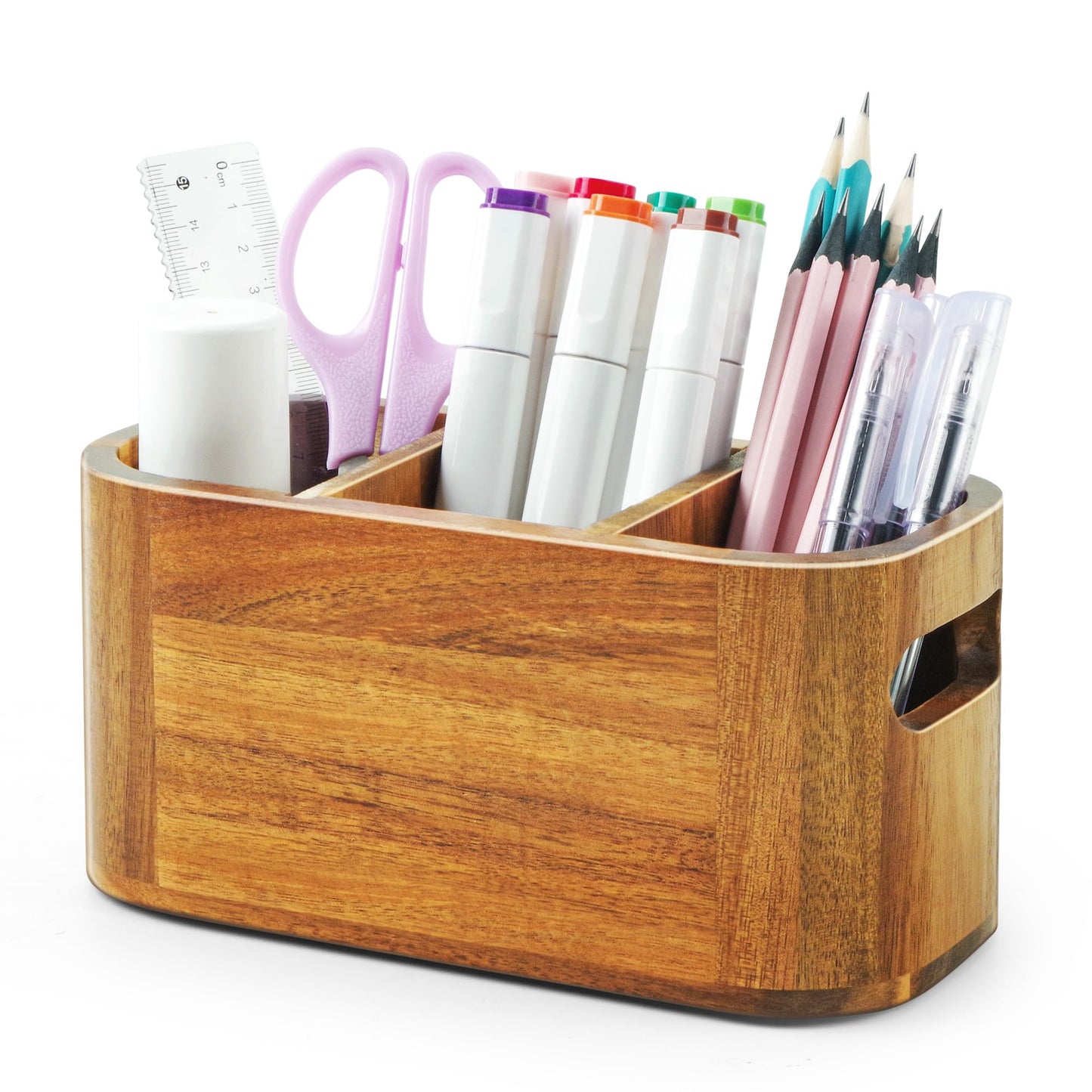 SWKHDKX Acacia Wood Pencil Pen Holder for Desk, Wooden Office Organizer with 3 Slots for Countertop, Makeup Brush Holder Remote Control Organizer for School Home Supplies