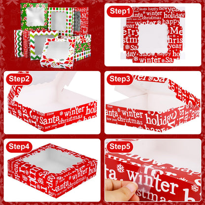 Czlotyh 30 Pcs Christmas Cookie Boxes with Window 9 x 9 x 2.5 inch Xmas Treat Boxes Candy Bakery Cupcakes Desert Container for Pastries Packaging Christmas Party Supplies Gift Giving