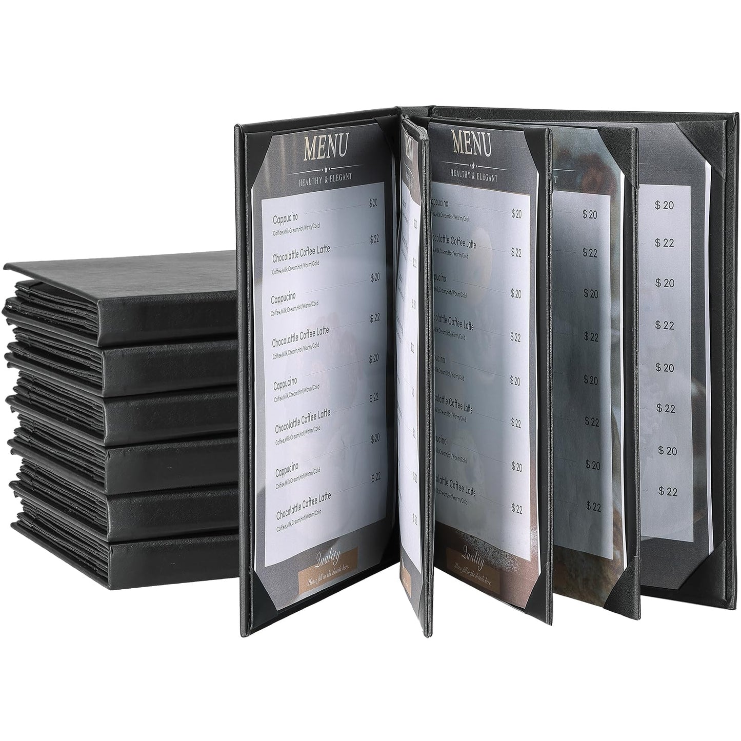 AMGSH 6 Pack 8 View Menu Holder Menu Covers 8.5" x 11" | Restaurant Menu Covers Diploma Cover Black Leather Menu Sleeves Book Style for Restaurant Coffee Bars Wine List Fit for Letter Size Paper