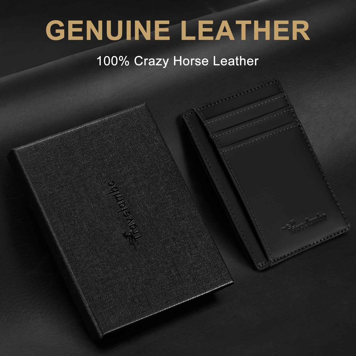 Travelambo 100% Genuine Leather Wallet for Men and Women, Slim Minimalist RFID Blocking Front Pocket Credit Card Holder with Gift Box