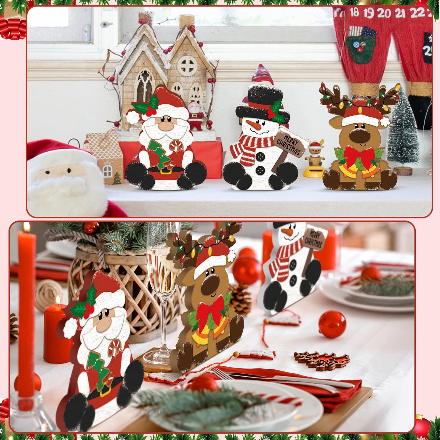 GlikCeil 3 Pcs Christmas Wooden Table Decorations Snowman Reindeer Santa Claus Centerpiece Block Holiday Wood Tiered Tray Tabletop Sign for Office Dining Room Mantle Home Party Supplies
