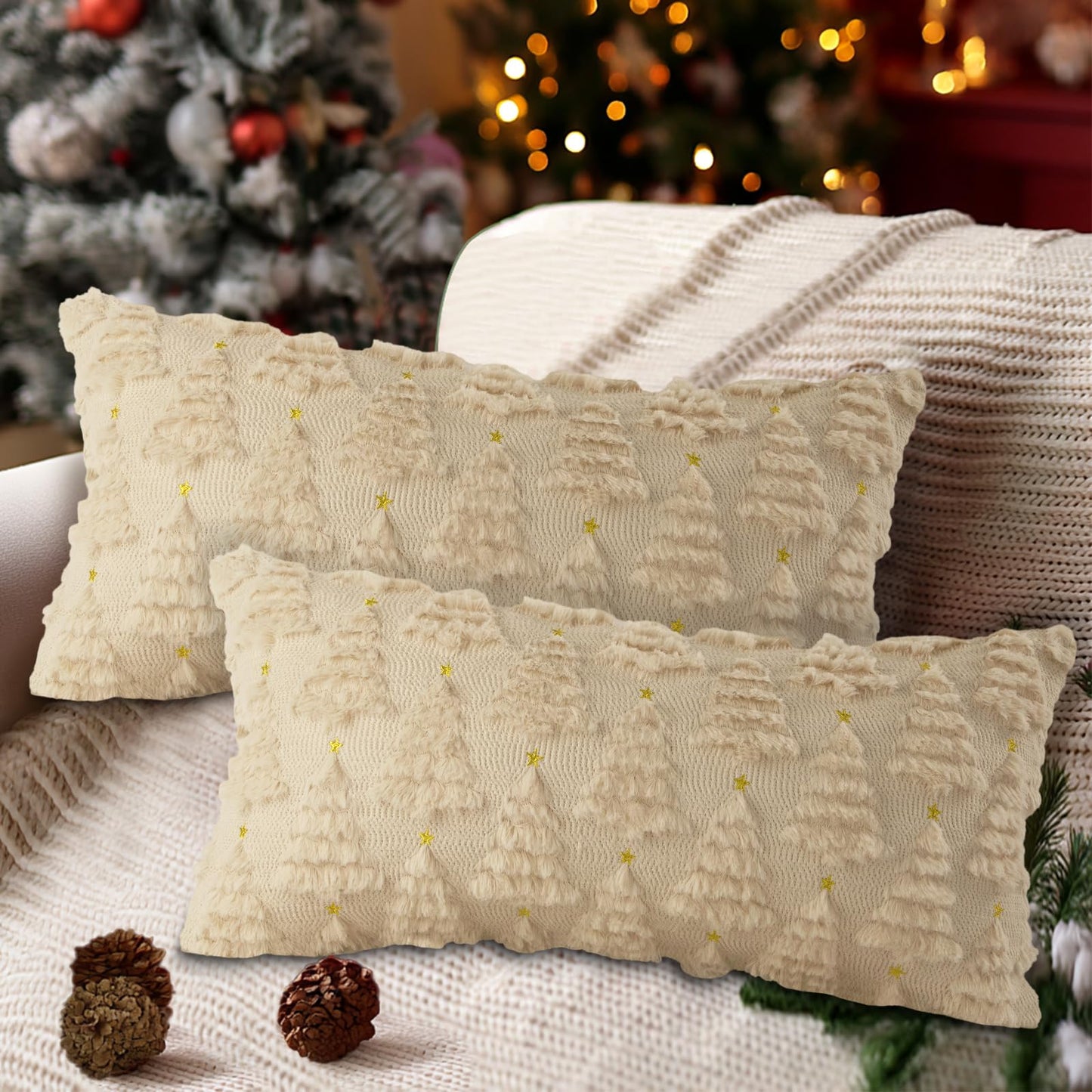 Lanpn Christmas 12x24 Throw Pillow Covers Set of 2, Winter Star Christmas Tree Throw Pillow Cases Soft Plush Faux Fur Wool 12 x 24 Winter Cushion Cover for Indoor Home Bedroom Couch Sofa Decor (Beige)