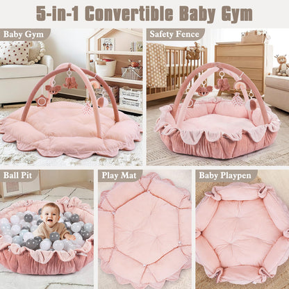 5-in-1 Plush Baby Play Gym, Activity Mat with Convertible Gym, Baby Gym 6 Sensory Toys, Play Center for Newborn to Toddler, Pink