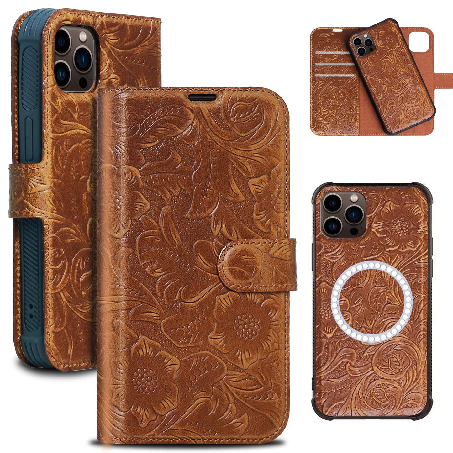 RMAWRAD Leather Case Compatible with iPhone 16 Pro Max Wallet 6.9",Genuine Leather 2in1 Magnetic Detachable Shockproof Kickstand,Flip Folio Cover with Card Slot,Wireless Charging RFID Blocking Brown