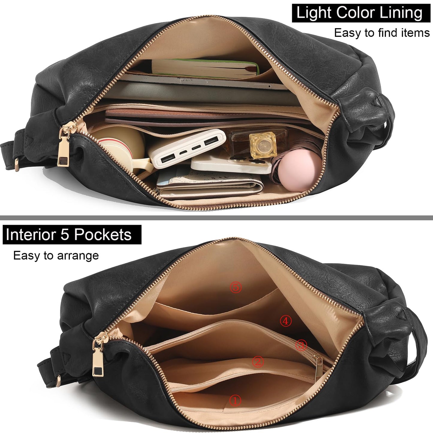 NIUEIMEE ZHOU Hobo Bags for Women Foldable Vegan Leather Shoulder Handbag Slouchy Tote Crossbody Purses