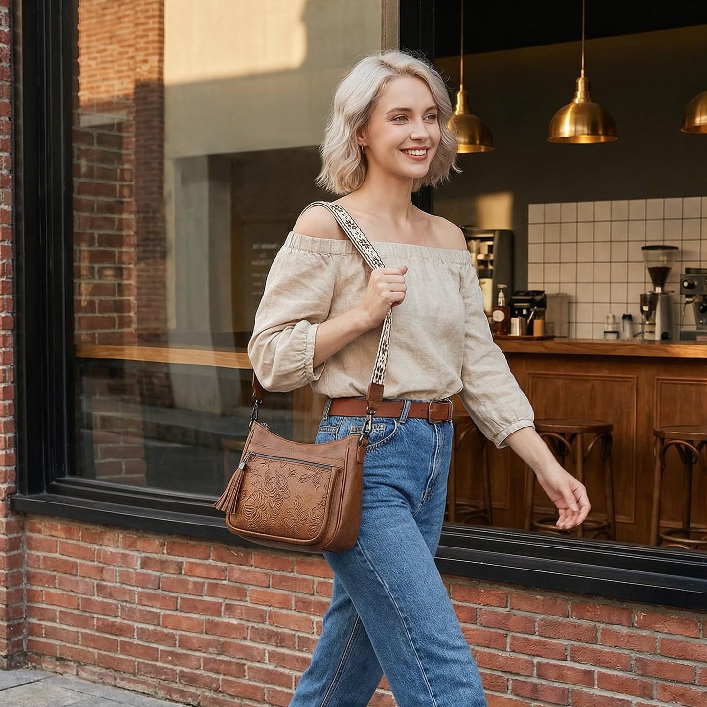 FORUWISH Crossbody Bags for Women, Brown Vegan Leather Medium Crossbody Purse, Spacious Daily Travel Shoulder Bag with Boho Strap