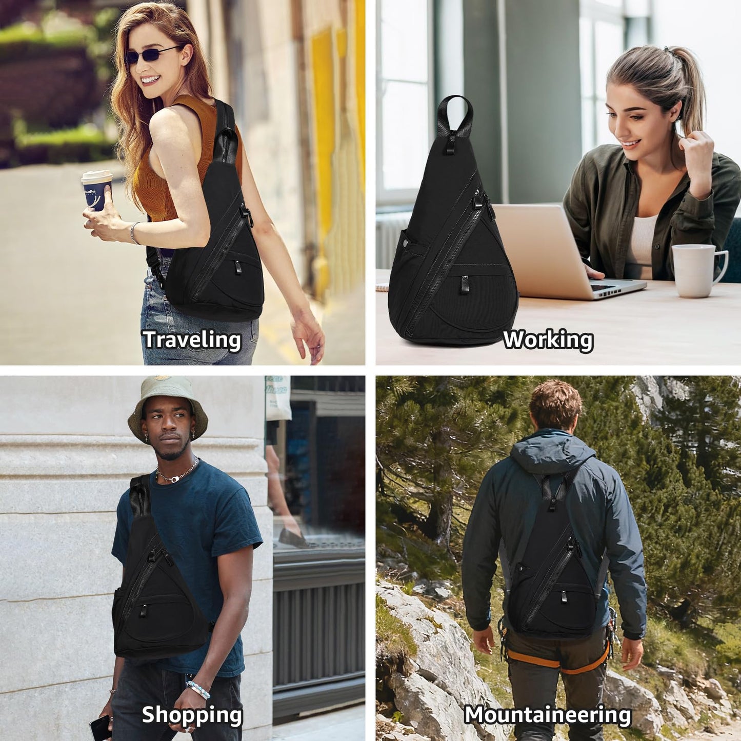 KL928 Crossbody Sling Backpack Nylon Cross Body Bag Travel Hiking Shoulder Bags Daypack Rucksack Unisex (Black)