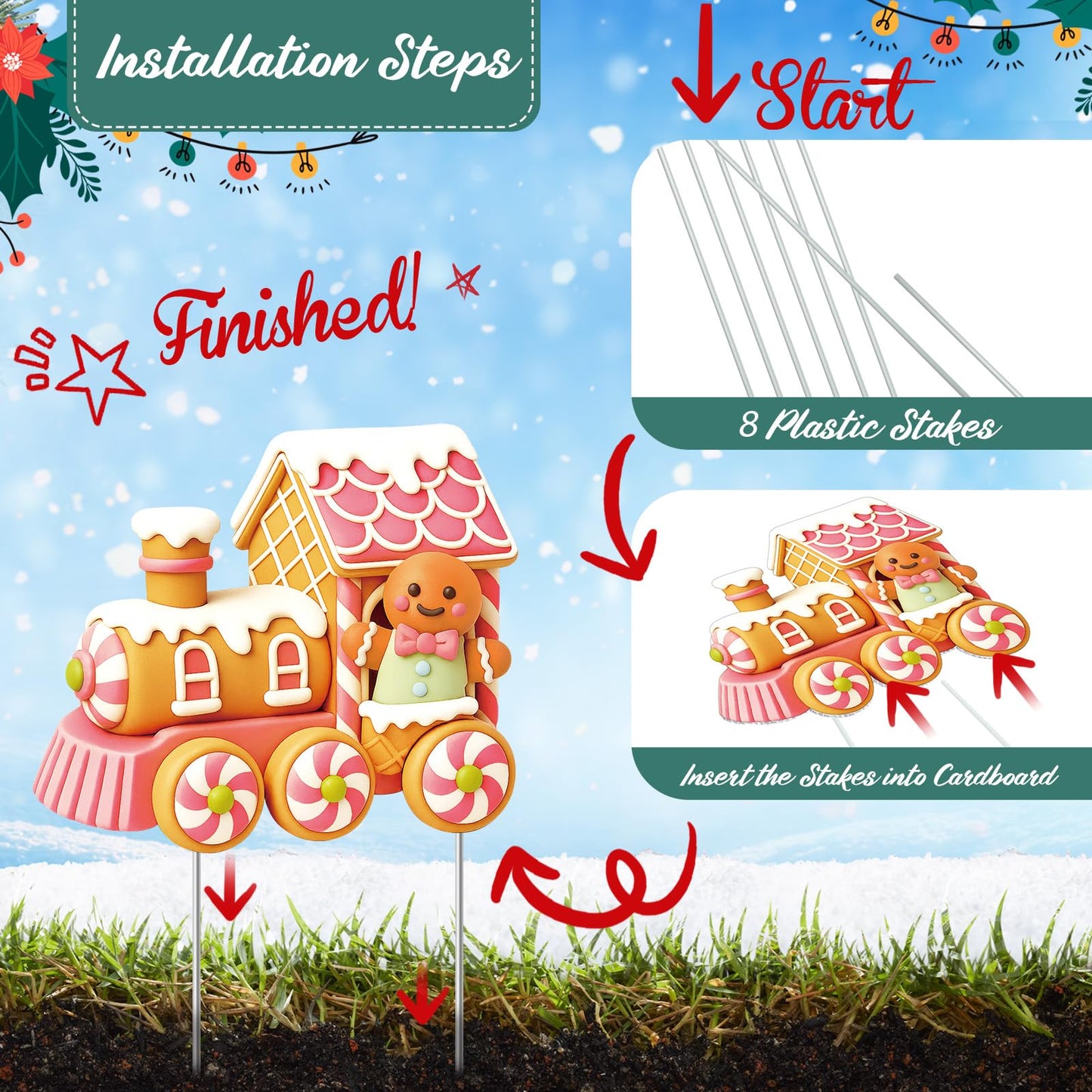 Marsui 4 Pcs Christmas Train Decoration Yard Sign with 4 LED Light Lawn Sign Christmas Pink Gingerbread Candy Gift Box Train Set with 8 Stake for Xmas Garden Outdoor Holiday Party Decor