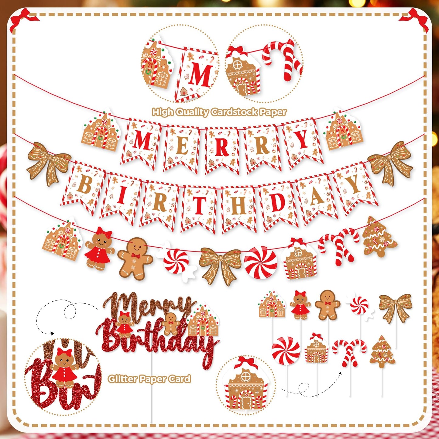 Christmas Birthday Party Decorations, Cute Bows and Gingerbread Merry Birthday Banner Cake Topper Red Green Snowflake Balloons for Gingerbread Christmas Decorations Holiday Party Supplies