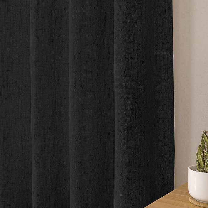 Tollpiz Short Linen Curtain Living Room Rod Pocket Semi Sheer Curtains Burlap Light Filtering Thick Linen Drape for Bedroom, 54 x 45 inches Long, Black, Set of 2 Panels