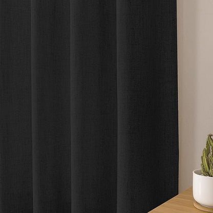 Tollpiz Short Linen Curtain Living Room Rod Pocket Semi Sheer Curtains Burlap Light Filtering Thick Linen Drape for Bedroom, 54 x 45 inches Long, Black, Set of 2 Panels