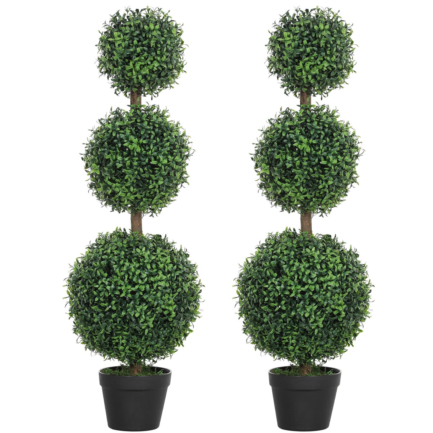 HOMCOM Artificial Plants Topiary Ball-Shaped Boxwood Trees in Pot Set of 2 Fake Plants for Home Indoor Outdoor Front Porch Decor, 40 Inch, Green